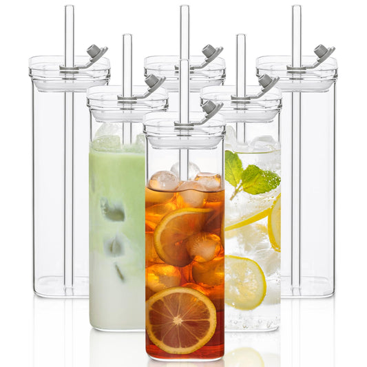 6 Sets Square Drinking Glass Cups, Old Fashioned Glasses, 17 Oz Square Glasses, Clear Highball Modern Glassware Tumbler Mixed Drinkware with Straws for Cocktail Coffee Juice Beer (Square-6PCS)