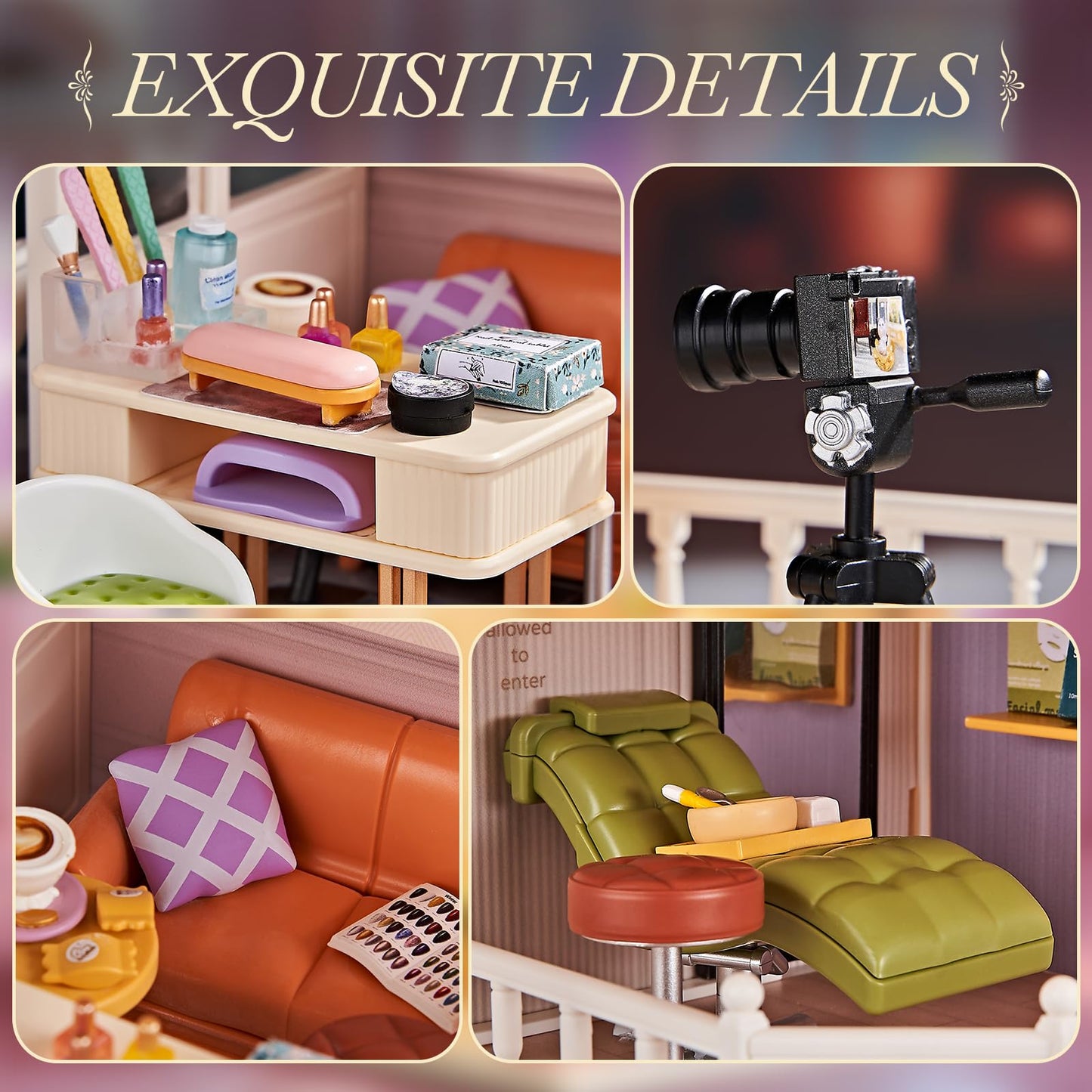 Qudify DIY Miniature House Play Kit with 101Pcs, 1:20 Scale Dollhouse Furniture with LED Light, Realistic Accessories Mini Room & Connectable Base Tiny House for Adults & Kids 8+ (Beauty Salon, Large)