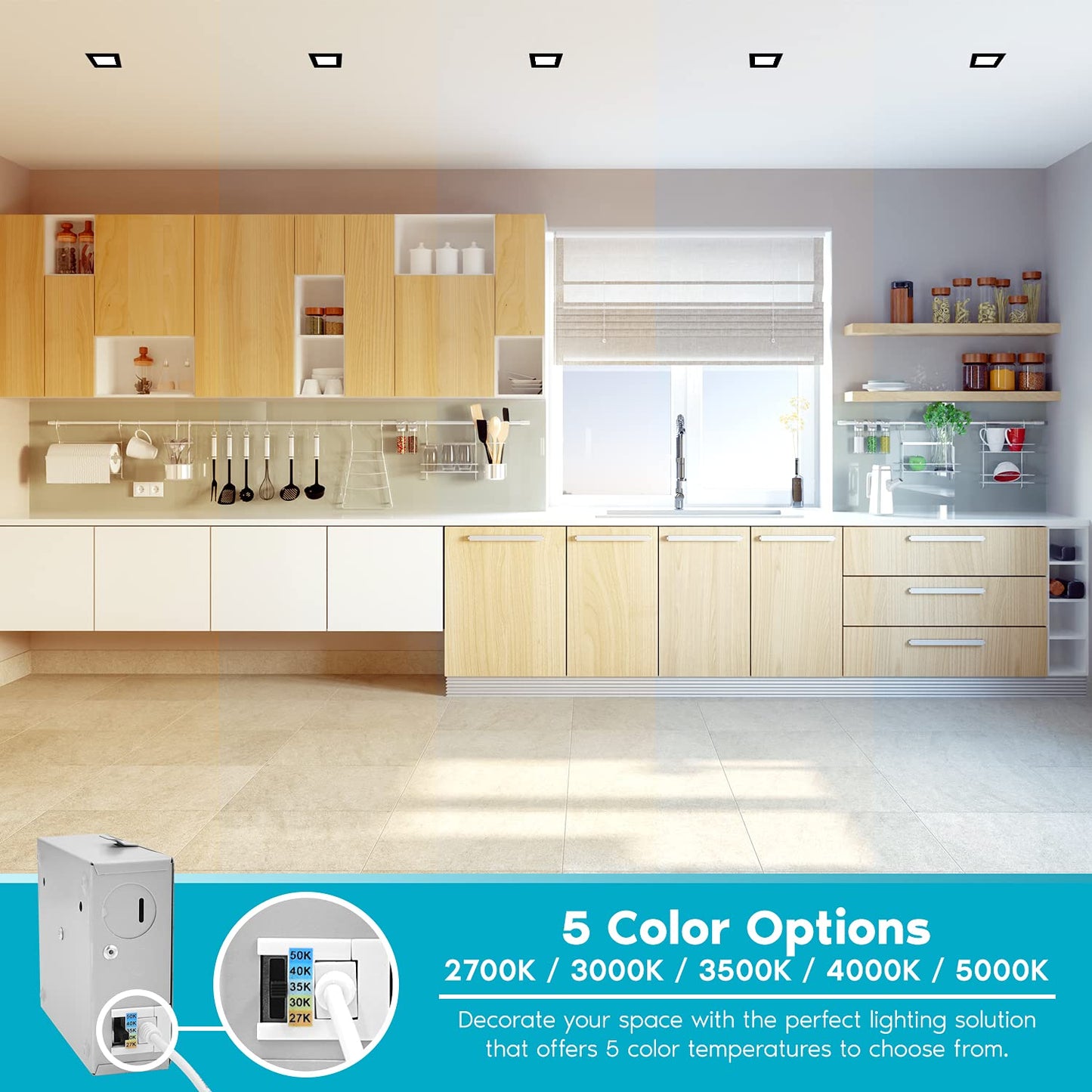 LUXRITE 3 Inch Square Ultra Thin LED Recessed Light with J-Box, 8W, 5 Color Options 2700K | 3000K | 3500K | 4000K | 5000K, Dimmable Wafer Light, 540 Lumens, Black Trim, Energy Star, IC Rated (4 Pack)