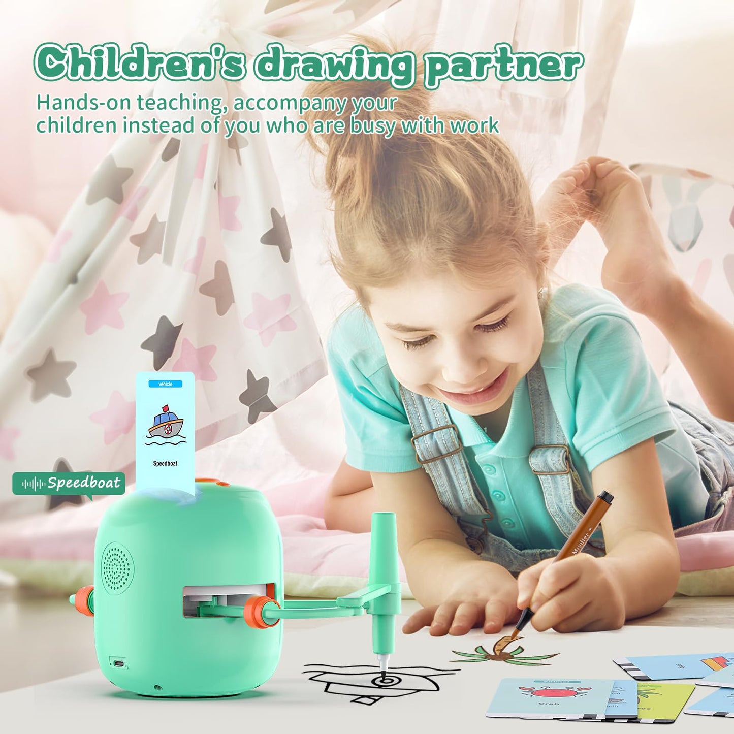 Interactive Educational Drawing Robot for Kids - Montessori Learning Toy with 150 Word Cards, Voice Interaction, Ages 5+ (Green)