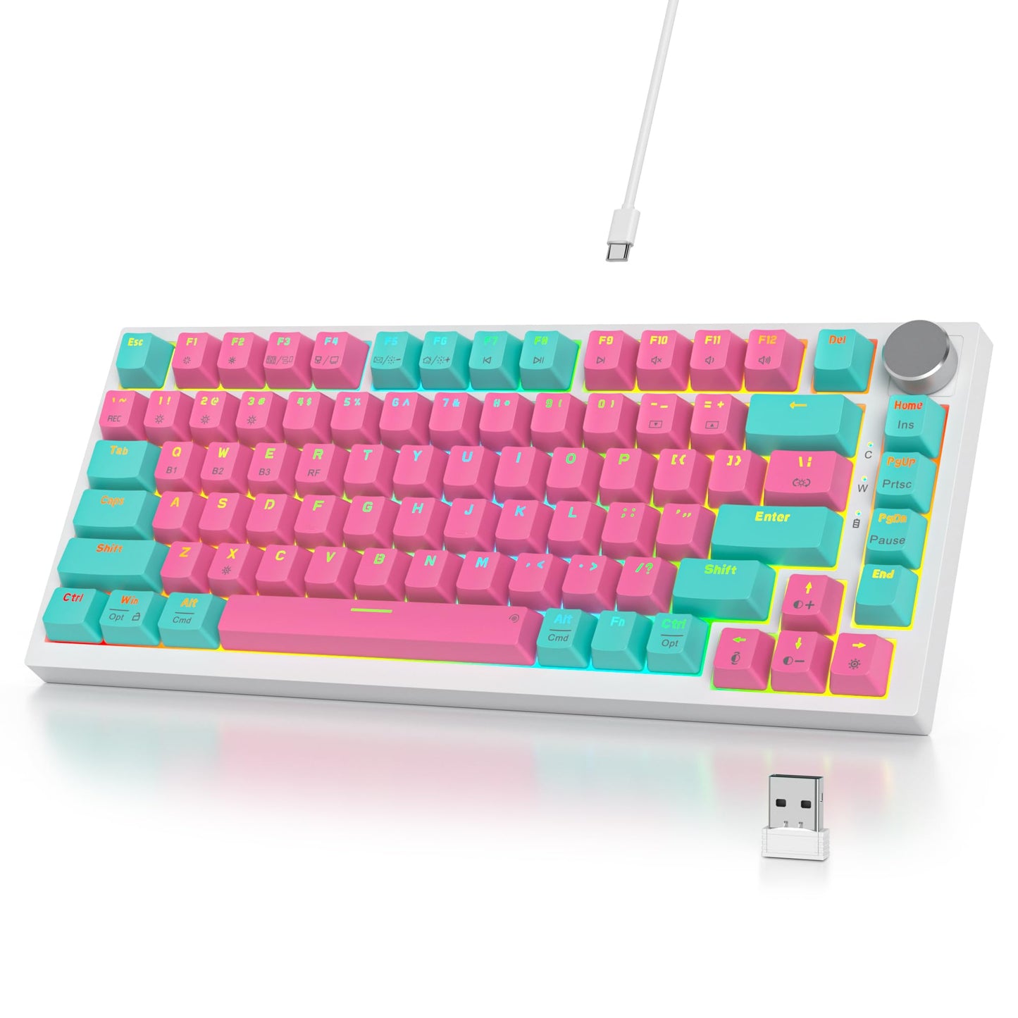 iRoboosta 400PRO 75% Wireless Creamy Mechanical Keyboard Pink, Gasket Hot Swappable RGB Gaming Keyboard, Bluetooth/2.4GHz/USB-C Cute Keyboard with Pre-lubed Cream Grey Switches (82 Pink Cyan) ﻿