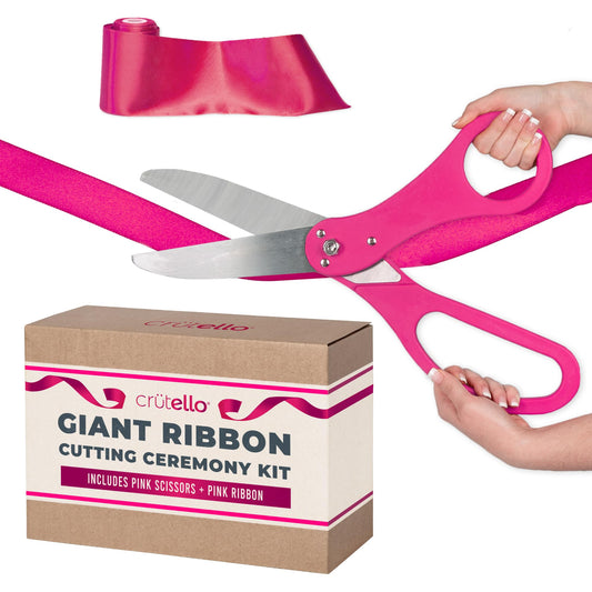Crutello Giant Ribbon Cutting Ceremony Kit 21"Grand Opening Scissors Set with Sharp, Pink Handled Durable XL Scissors, and 30 Feet of Oversized 4"Wide Pink Ribbon