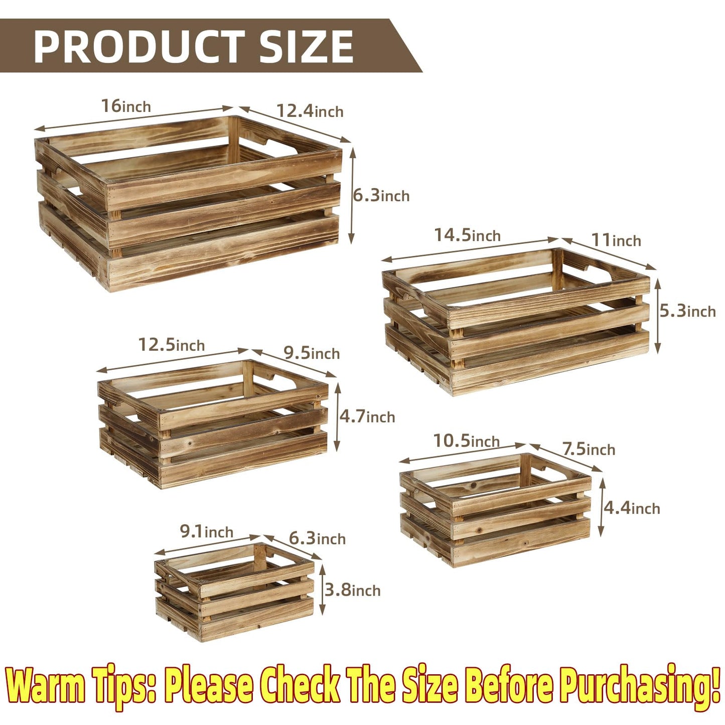 JUMBO HUMBLE Set of 5 Large Wooden Crates, Nesting Storage Crate with Handles, Rustic Torched Brown Farmhouse Wooden Crates for Display, Wedding Birthday Home Party Living Room Kitchen Decoration
