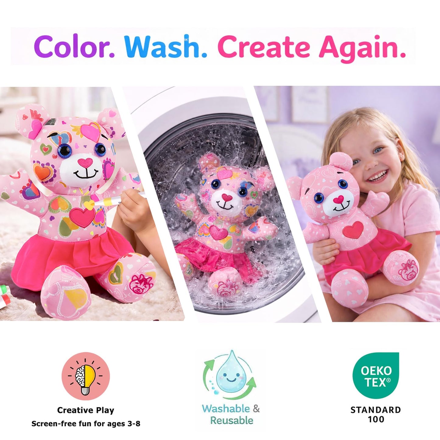 DIY Coloring Plush Toy with Washable Markers, Scribble Pets Stuffed Animal, Doodle Dolls Art Toy for Boys and Girls Ages 3-8, Birthday Gift (Pink Bear)
