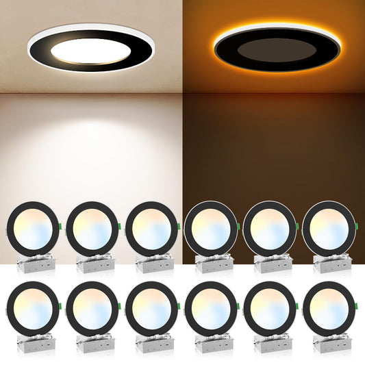 ALUSSO LIGHTING 12 Pack 6 Inch 5CCT Ultra-Thin LED Recessed Ceiling Light with Night Light, 2700K-5000K Selectable, 12W 1100LM Dimmable Canless Wafer Downlight, Damp Rated -ETL&FCC (Black)