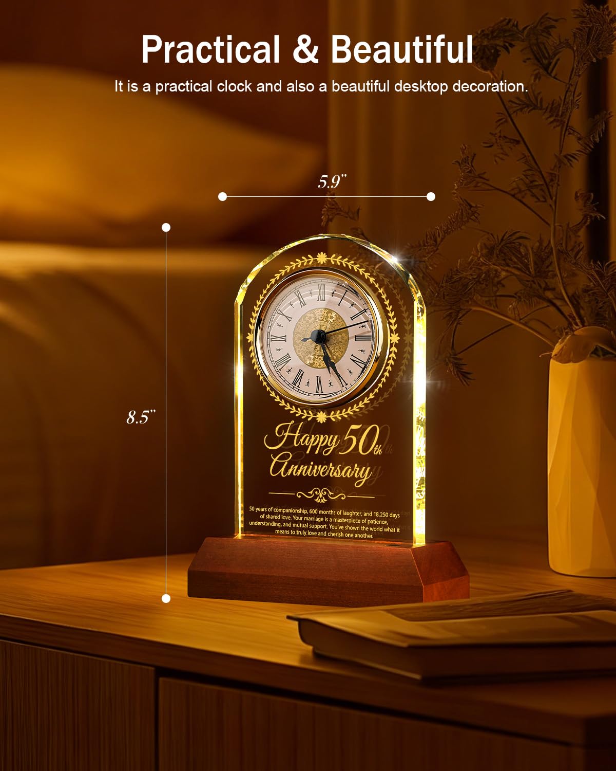 Sttokilly 50th Wedding Anniversary Crystal Quartz Clock with Wooden Light Base,50 Years of Marriage Gift,Happy Golden Anniversary Decoration Gift,for Parents,Grandparents,Couple
