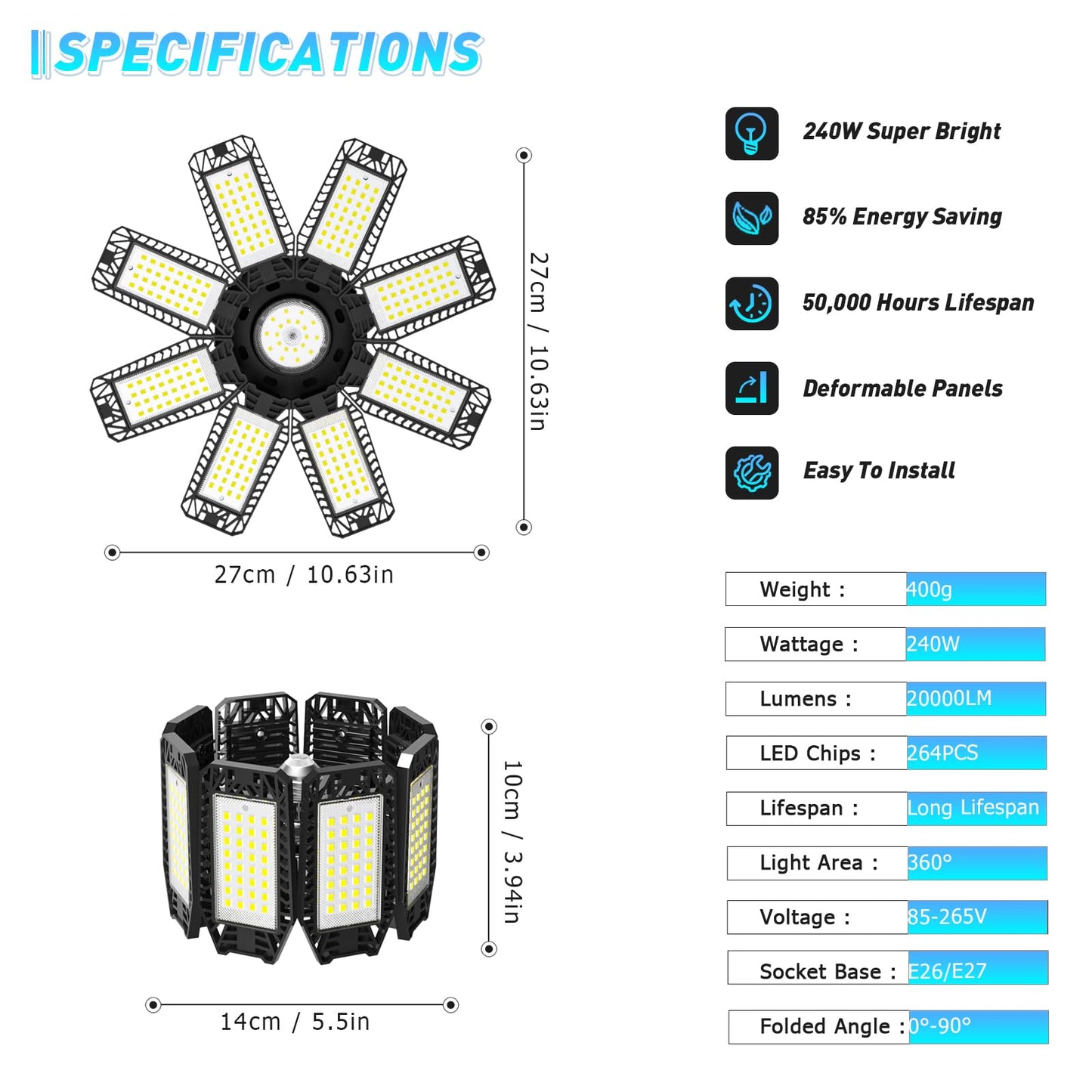 Garage Light 6 Pack - 240W 24000LM 6500K Garage Lights Ceiling LED with 8+1 Deformable Panels, E26/E27 Screw Socket in LED Shop Light for Workshop, Basement, Gym, Barn, Warehouse etc Bay Lighting