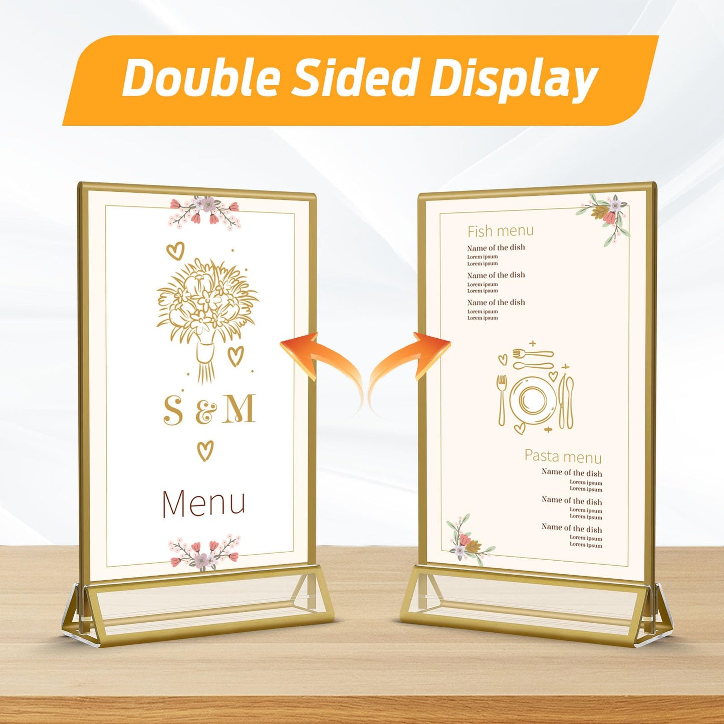 Smarpau 5x7 Gold Acrylic Sign Holder 16 Pack Gold Frame Table Number Holders Vertical Double Sided Picture Frames Table Menu Stand Flyer Display for Home Office
