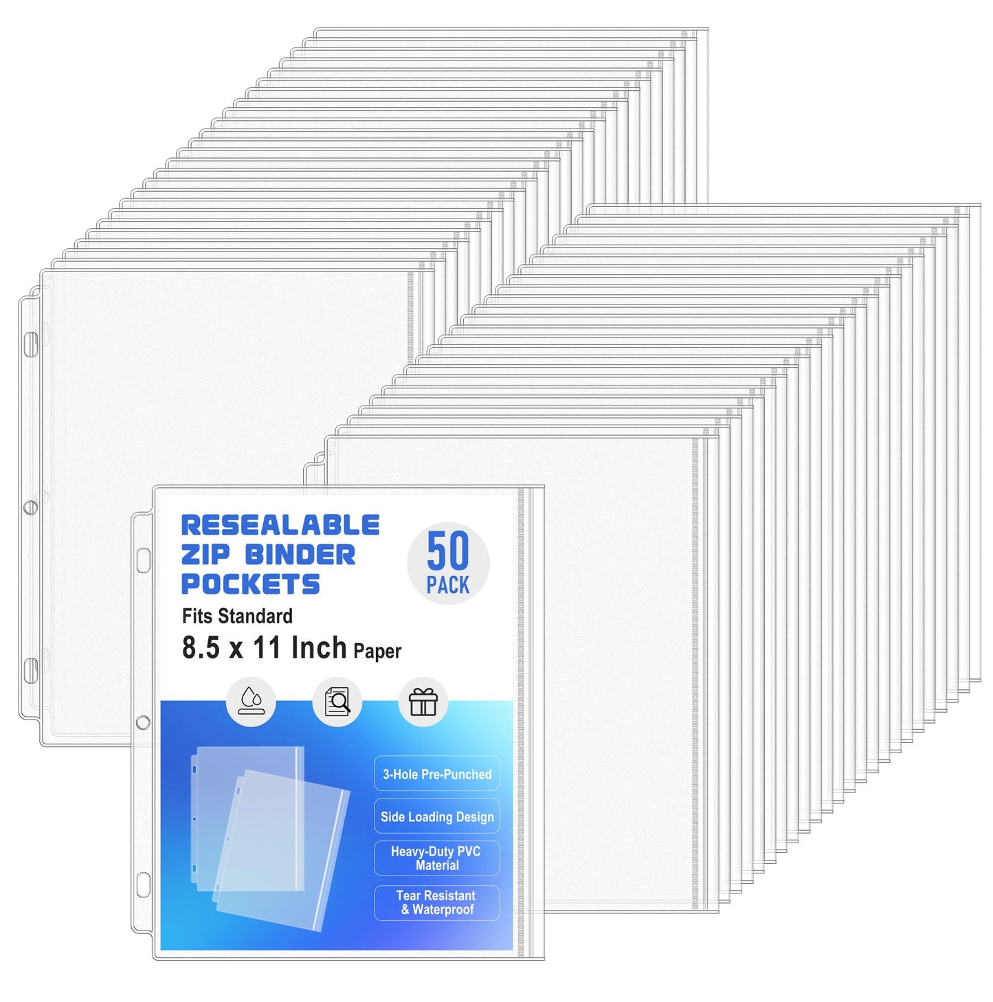 Antner 50 Pack Letter Size Binder Pockets for 3 Ring Binder, Waterproof Resealable Zip Loose Leaf File Bags Document Organizer Folders Insert Page Sleeves PVC 3-Hole Sheet Protectors for 8.5x11 Paper