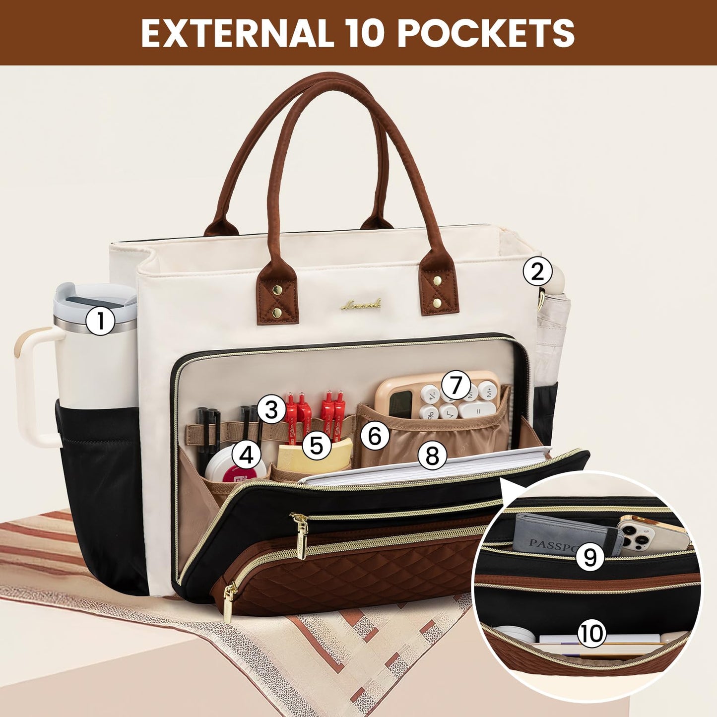 LOVEVOOK 17 Inch Laptop Tote Bag for Women, Teacher Nurse Work Bags, Laptop Bag With Large Cup Holder, Professional Briefcase Business Computer Purses Handbag, Black-Beige-Brown