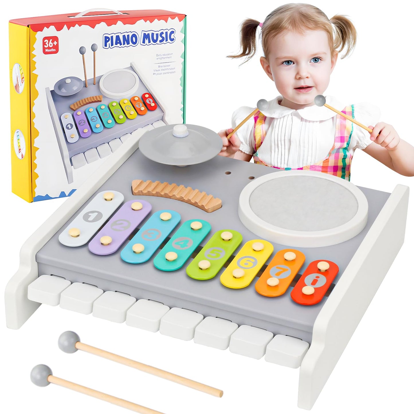 Kids Musical Instruments Piano Drum Set - 5 in 1 Montessori Toys for Toddler Baby, Wooden Music Kit with Piano Keyboard Xylophone, Preschool Educational Sensory Toys, Gifts for Boys Girls