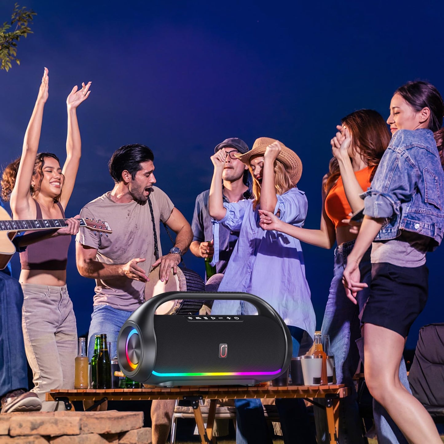 HWWR Bluetooth Speaker, IPX5 Waterproof Portable Bluetooth Speaker with Powerful Bass & LED Lights, Loud Stereo Wireless Speaker for Home Party, Beach, Outdoor Camping, Support USB/TF Card/AUX/TWS