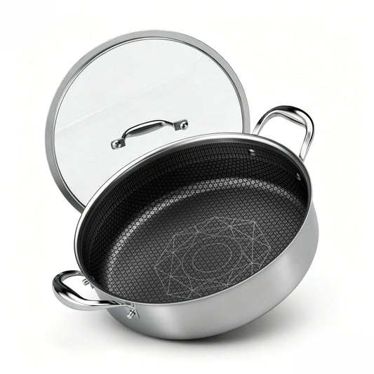COOKER KING 5QT Stainless Steel Saute Pan with Lid, Hybrid Nonstick Deep Saute Pan, Chicken Fryer, Tri-Ply Clad Even Heat Distribution, Dishwasher-Friendly,Oven Safe to 900°F, Induction Compatible