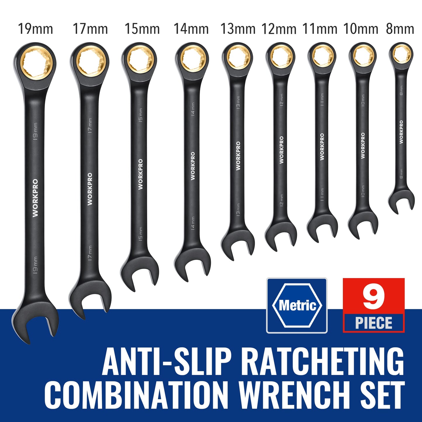 WORKPRO 9-Piece Anti-Slip Ratcheting Combination Wrench Set, Metric 8-19 mm, 72-Teeth, Cr-V Constructed, Black Ratchet Wrenches Set with Roll Up Pouch