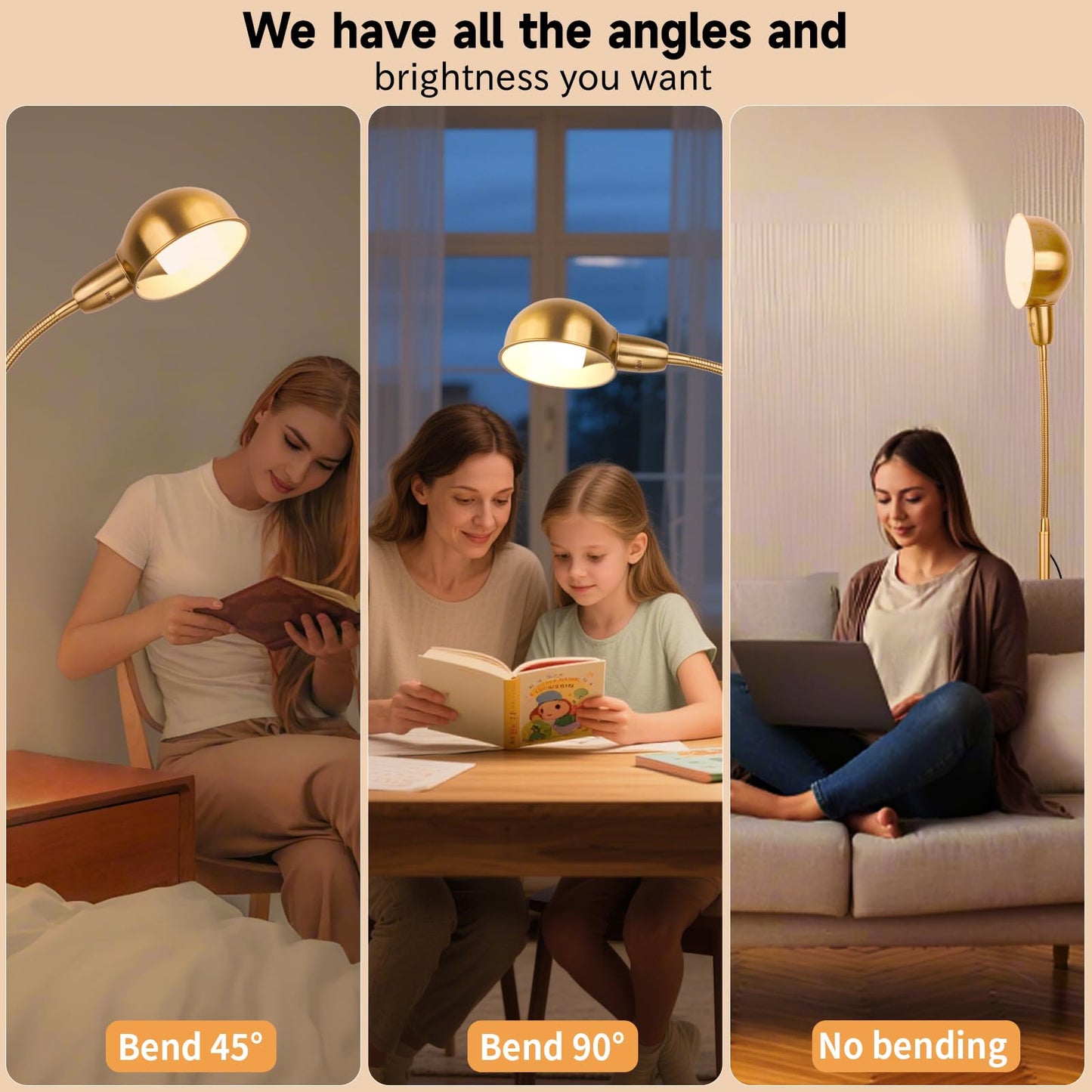 Ruiever Gold Floor Lamp with Flexible Gooseneck and Rotatable Shade，Standing Lamp Include Dimmer LED Bulb，Ideal Tall Lamp with Dimmer and Timer Switch for Reading,Bedside and Living Room (Gold)