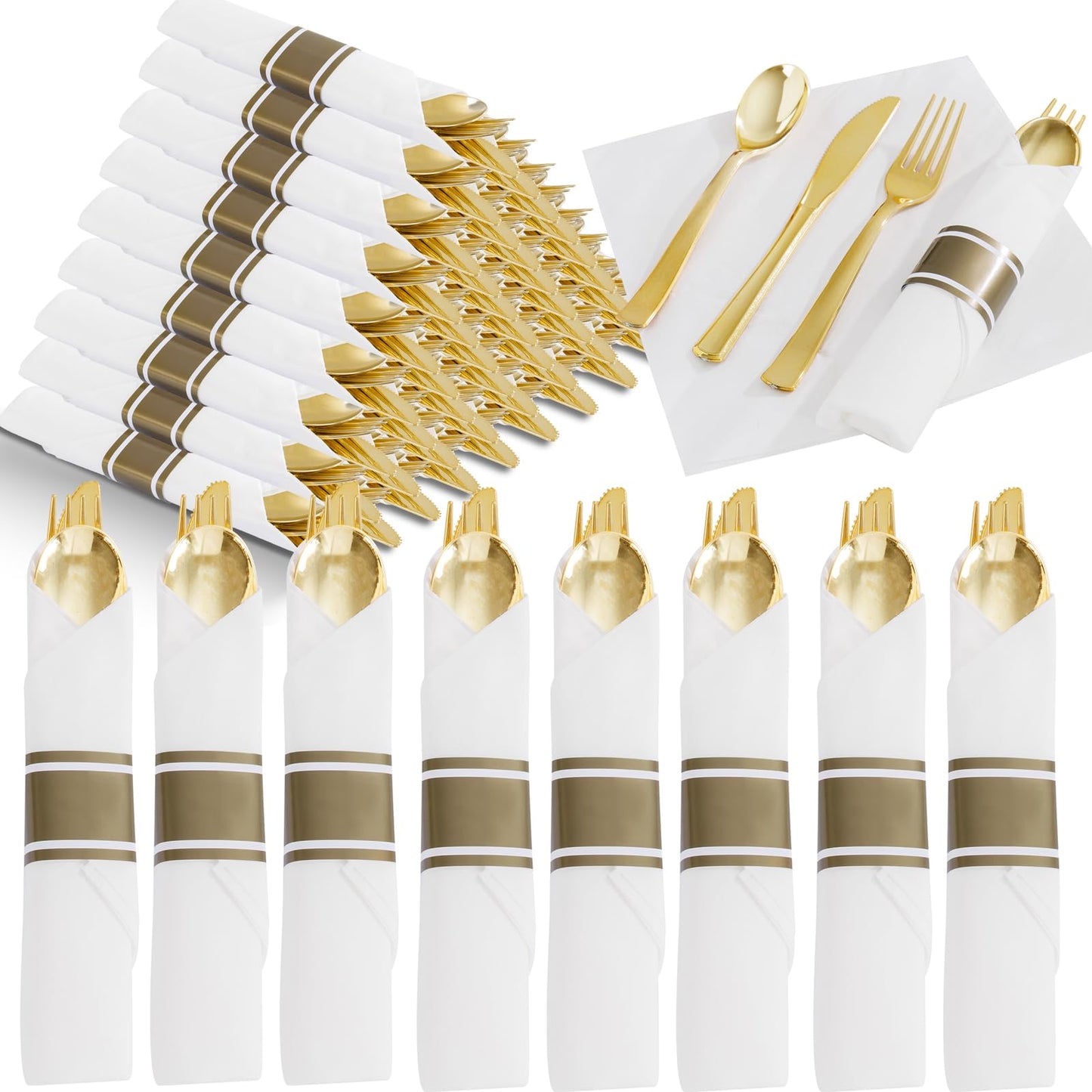 EI 120Pack Pre Rolled Gold Plastic Silverware,Wrapped Plastic Cutlery Set with Napkin,Disposable Silverware Set with Napkin, Gold Wrapped Silverware Perfect for Party/Birthday/Wedding