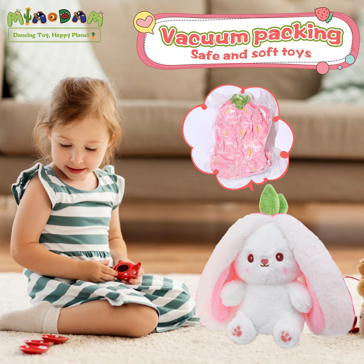 MIAODAM 13.7inch Large Easter Bunny Stuffed Animal, Kawaii Squishy Cute Easter Bunny Plush Turn Into Rabbit Fruit Doll Carrot Strawberry Pillow, Plushies Funny Bunny Toy for Baby Gifts for Girlfriend
