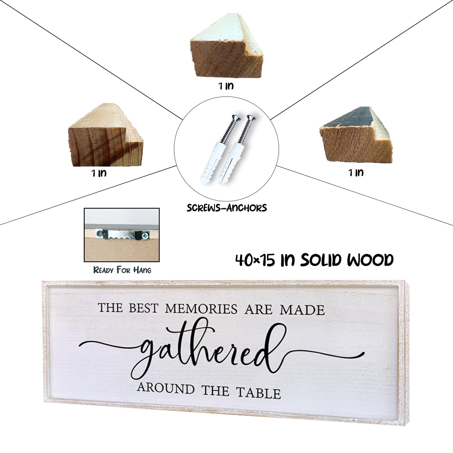 The Best Memories Are Made Gathered Around The Table Wall Decor 40"x15" Large Rustic Farmhouse Dining Room Wood Framed Modren Signs Kitchen Home Simple Hanging Wall Art (White)
