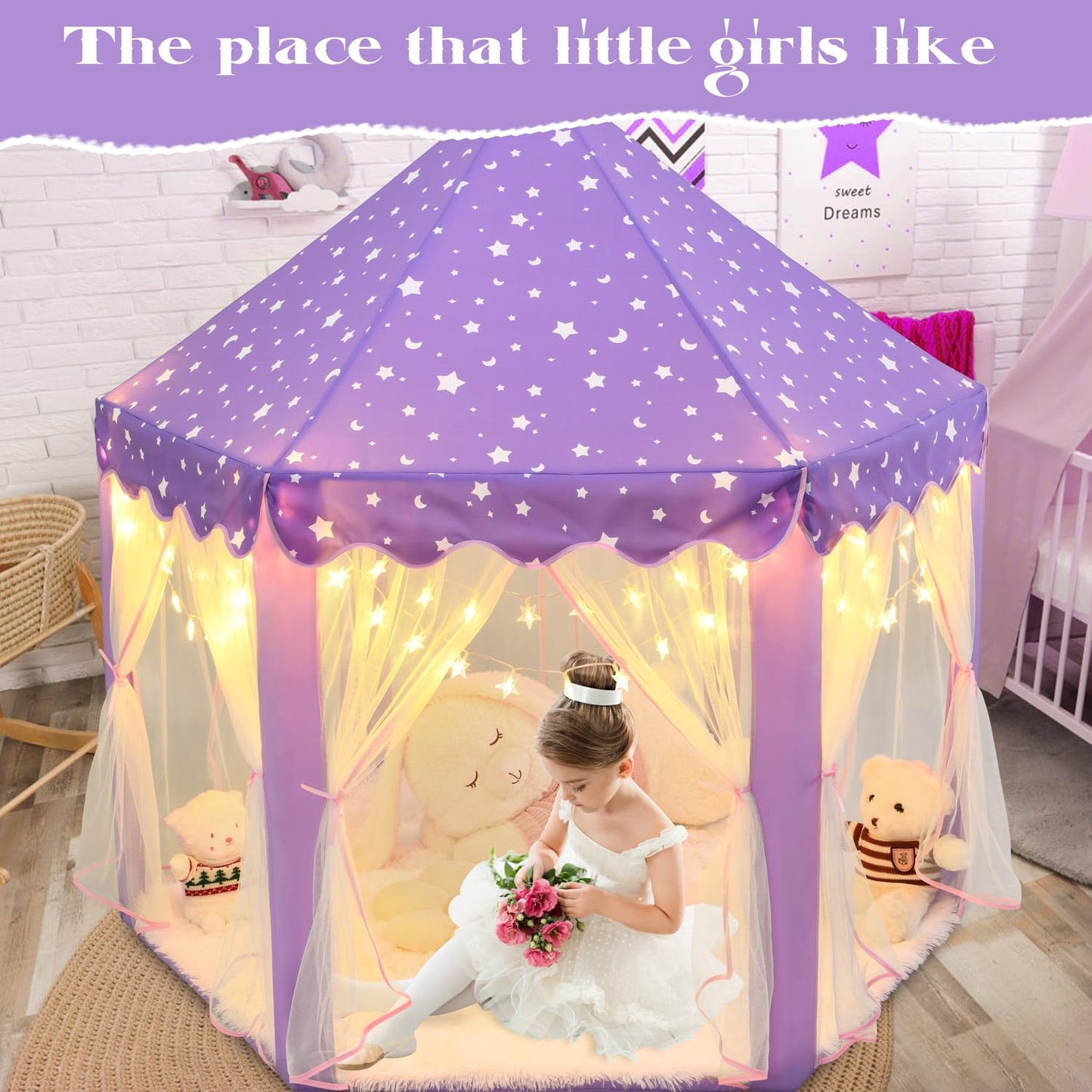 KIXINWA Purple Princess Tent for Girls, Kids Play Tent with LED Small Star Lights, Castle Playhouse Tent for Children Toddlers Indoor Outdoor Games, 55×53 Inches