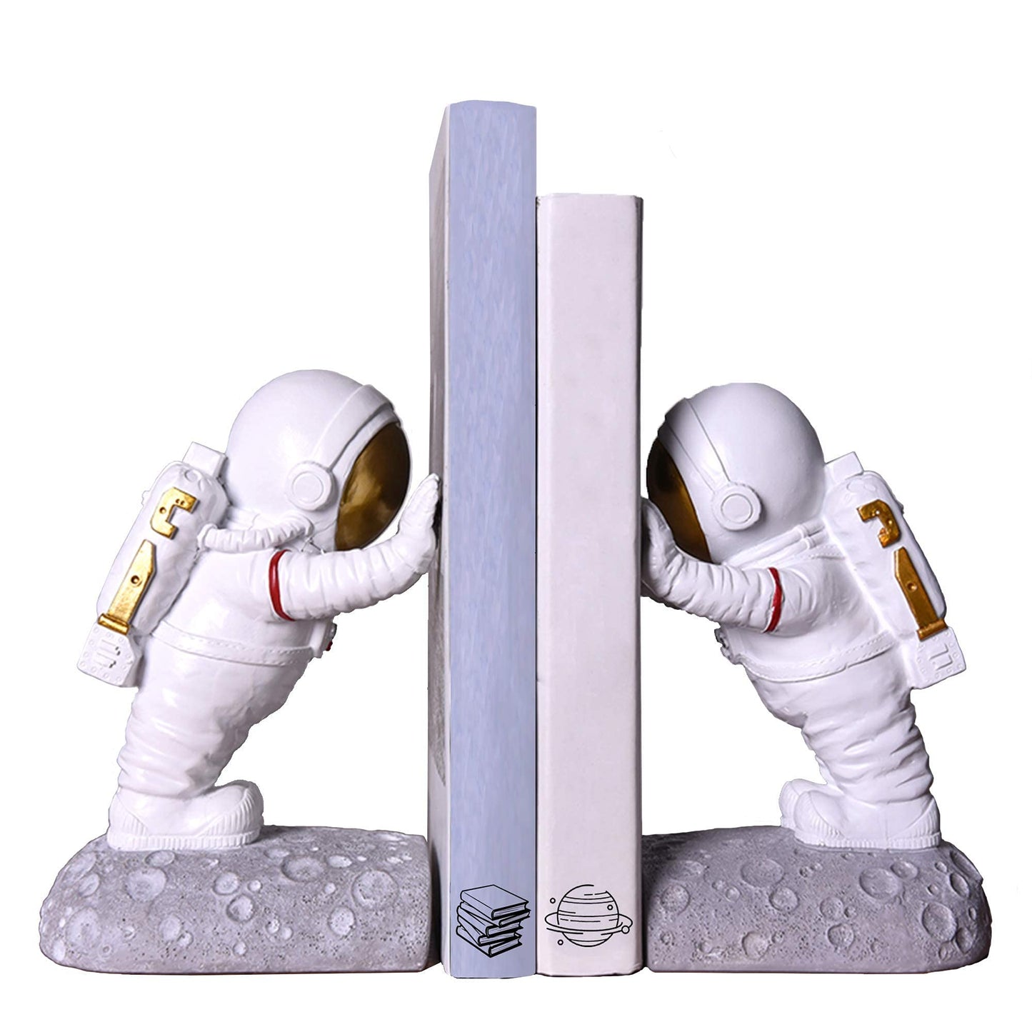 Joyvano Astronaut Bookends - Space Decor for Kids Rooms & Home Office - Heavy Duty Book Holders with Anti-Slip Base - Cool Unique Design (Gold)