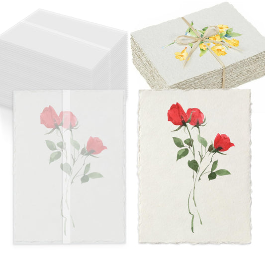 Deckled Edge Paper 5x7, 50 Sheets Handmade Watercolor Paper with Vellum Jackets for 5x7 Invitations, 300 GSM Natural Textured Paper, Rough Cotton Paper for Calligraphy, Painting & Craft Projects