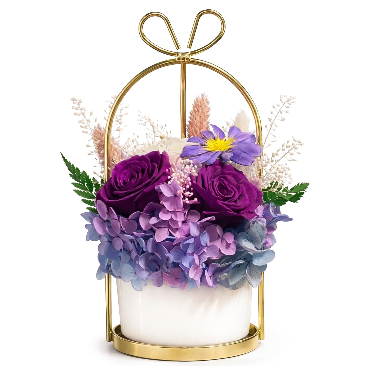 MENANA Potted Preserved Flowers - Valentines Day Anniversary Christmas Mothers Day Birthday Gifts for Girlfriend, Wife, Mom, Women, Her - Purple Roses & Hydrangeas Flowers in Ceramic Keepsake Pot Home
