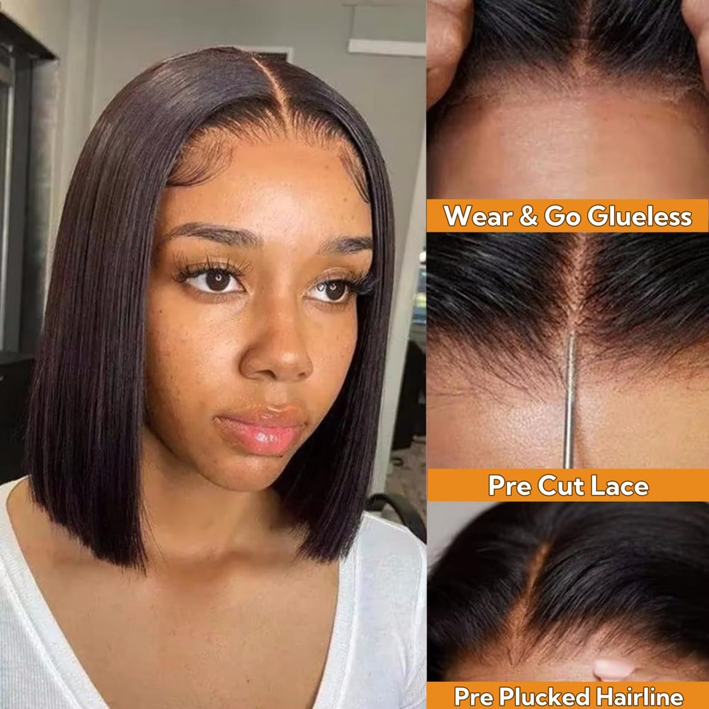 Bob Wig Human Hair Straight Glueless Wear and Go Pre Plucked Pre Cut 5x5 Hd Closure Bob Wig with Baby Hair Short Bob lace front Wigs for Women Brazilian Virgin Hair 180% Density Natural Black 14 Inch