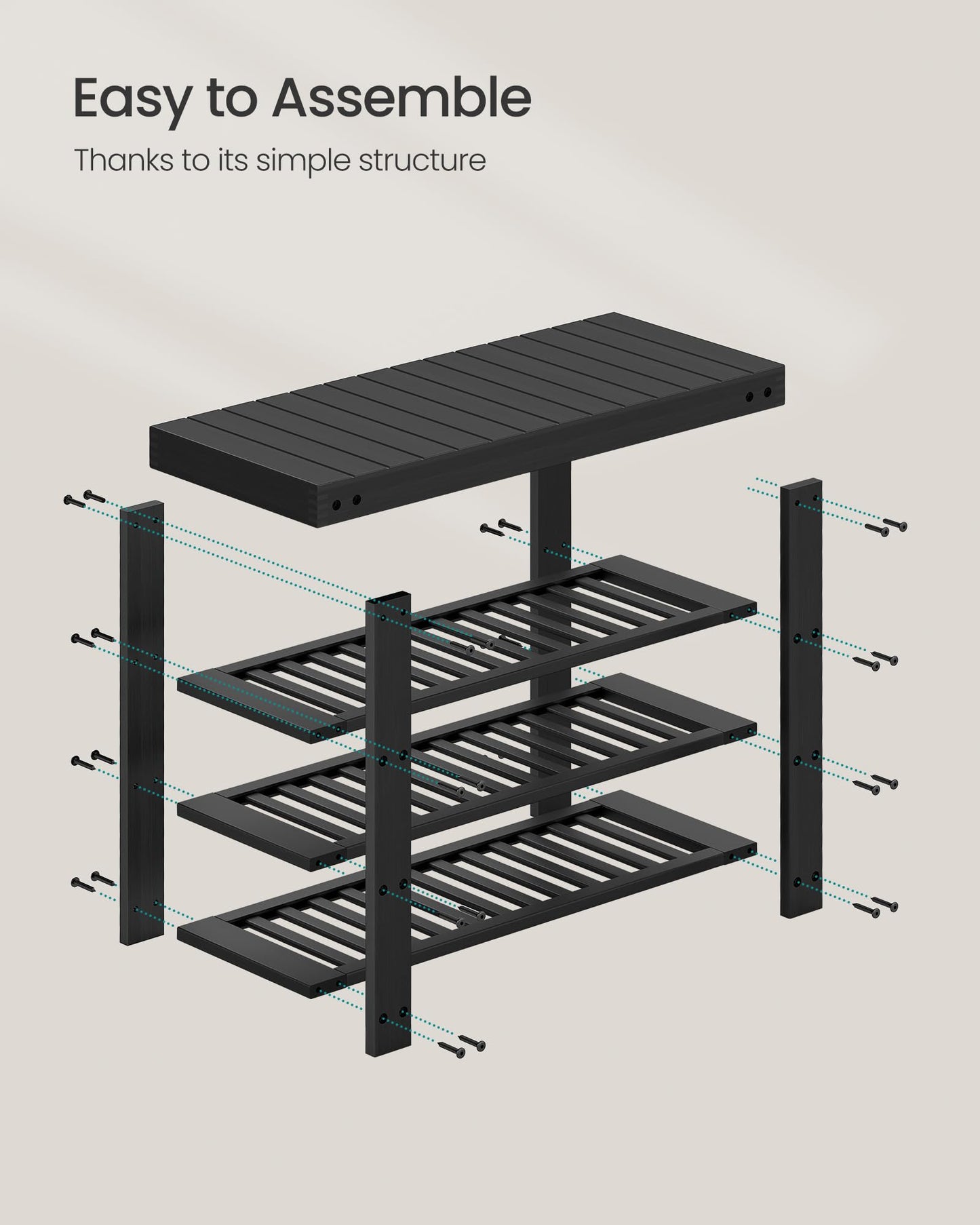 SONGMICS Shoe Rack Bench, 4 Tier Bamboo Shoe Storage Organizer, Entryway Bench, for Living Room, Bathroom, Bedroom, 11.3 x 27.6 x 20.5 Inches, Ink Black ULBS370BH01