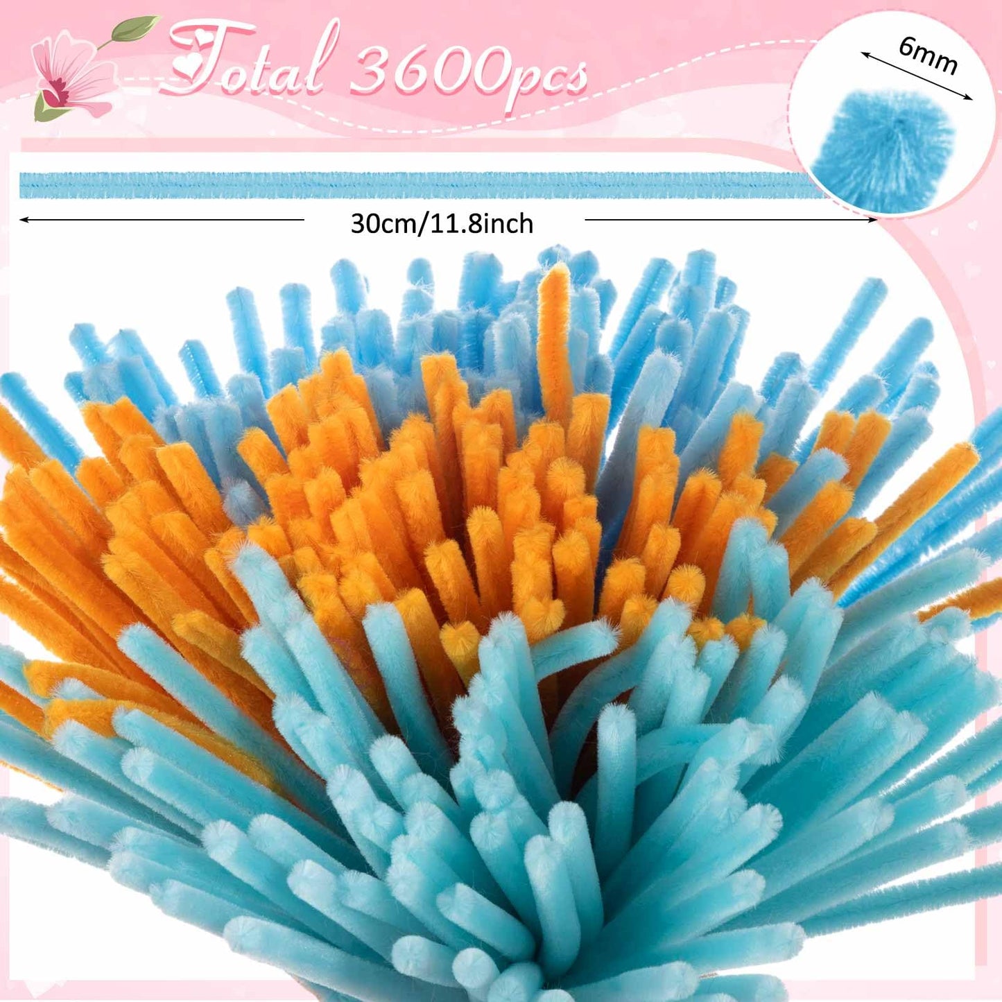 Peryiter 3600 Pcs 12 Inch Craft Pipe Cleaners Fluffy Chenille Stems Bulk with 50 Flower Stems 4 Rolls Floral Tape and 350 Yellow Stamens for DIY Art Projects Creative Gift Wrapping Party Decorations