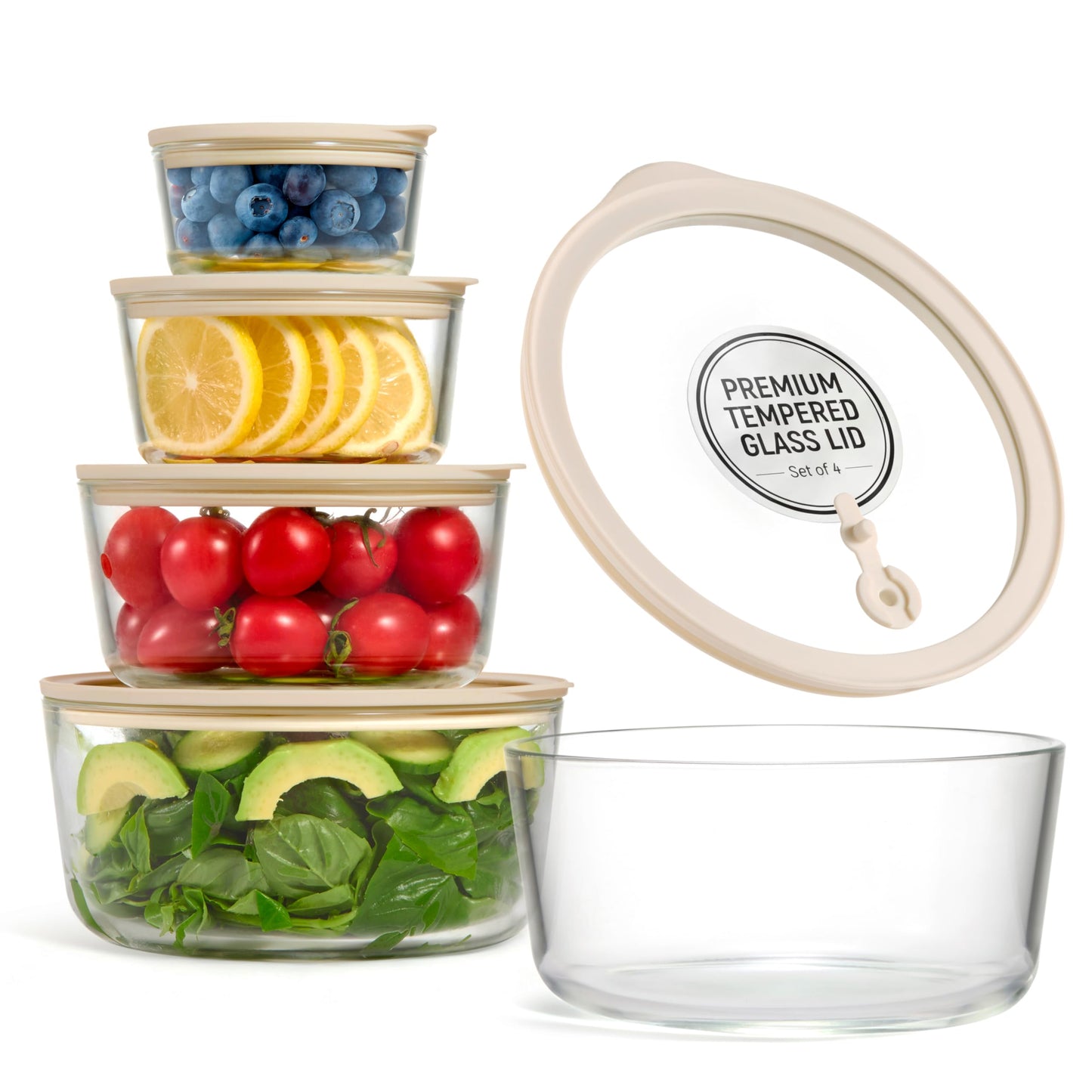 Vase and Vessel Non-Toxic Glass Storage Container Set, Borosilicate Glass, Tempered Glass Lids, Baking Pan, Airtight with Vents, Microwave, Oven & Dishwasher Safe (Circular, Set of 4)