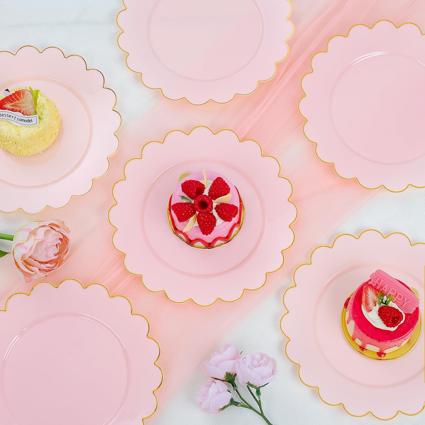 LIYH 100 Pcs 7.5" Pink Plastic Plates with Gold Disposable Pink Dessert Plates Gold Plastic Plate,Baby Shower Plate Set Suitable for Weddings Bridal Showers Afternoon Tea