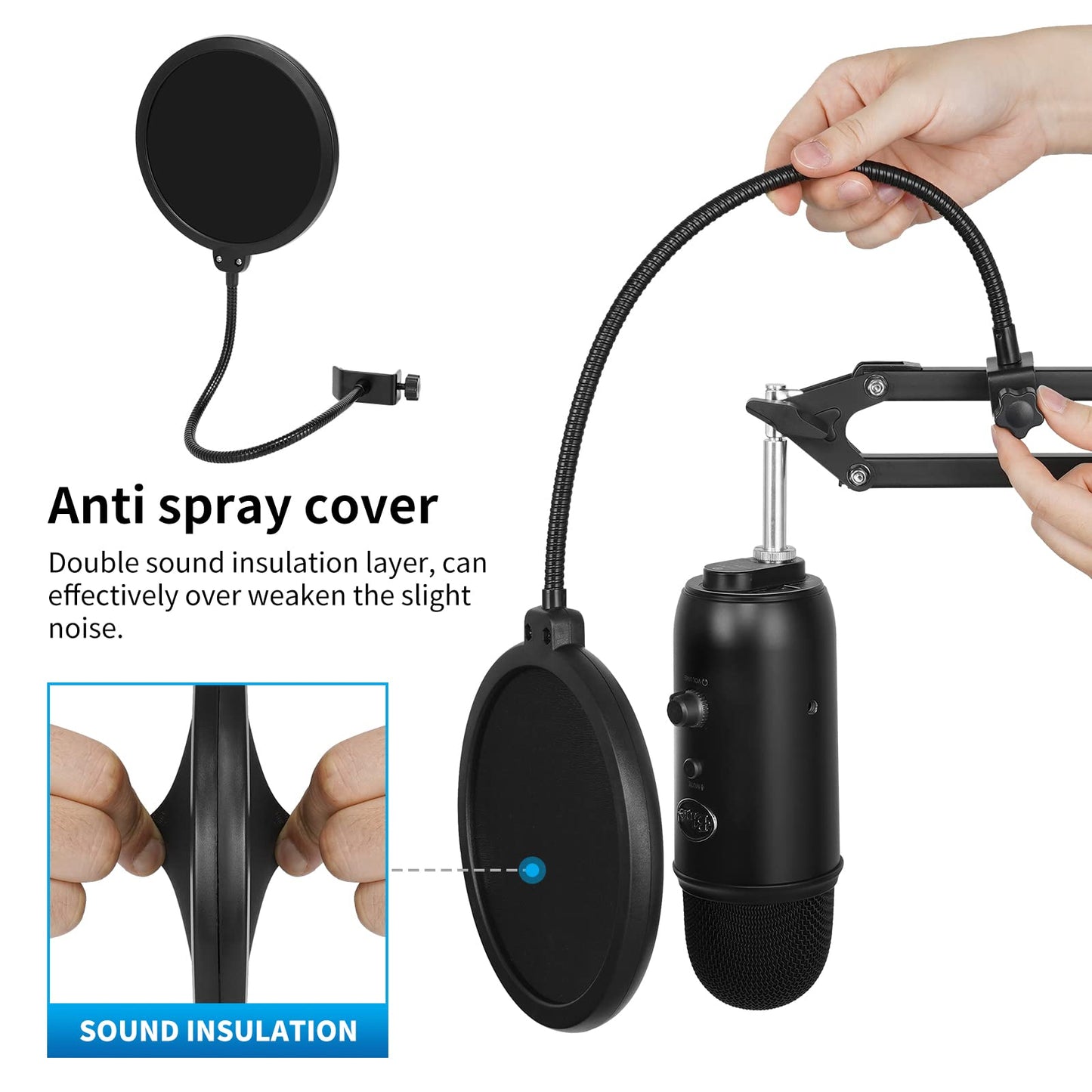 Luling Arts Boom Arm Suspension Mic Heavy Duty Microphone Arm for Blue Yeti, Hyperx Quadcast, Adjustable Boom Mic Stand Desk with Pop Filter, 1/4“-3/8“-5/8“ Adapter, Mic Mounts,Broadcast