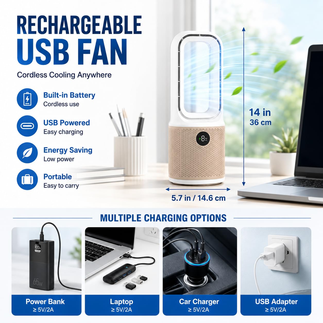 14 Inch Bladeless Desk Fan, USB Rechargeable Personal Cooling_Fan. Small Ultra Quiet, 9 Wind Speeds. 3 LED Night Light. 60°Oscillation. 1-9H Timer Child & Pet Safe for Home Office BedroomDesktop