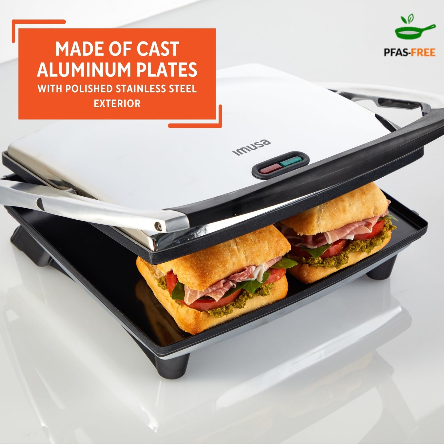 IMUSA 12x10in Stainless Steel Electric Panini Press with Temperature Control, Nonstick Plates for Sandwiches, Grilled Paninis, Quesadillas, and More