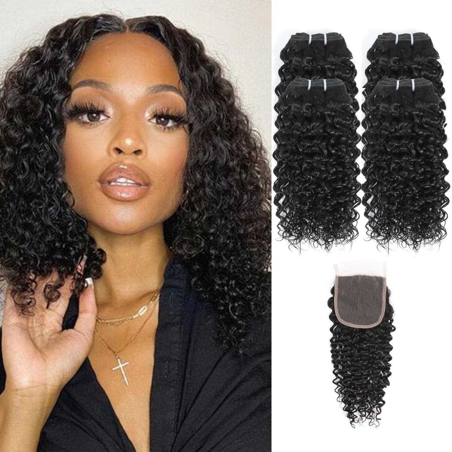 JTdebade 10 Inch Kinky Curly Human Hair Bundles With Closure Brazilian Virgin Human Hair 4 Bundles Natural Black Color 100% Unprocessed Curly Wave Human Hair Extensions（10 Inch Curly*4+12 Closure）