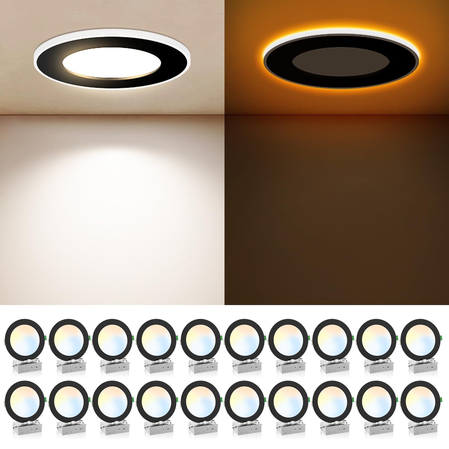 ALUSSO LIGHTING 20 Pack 6 Inch 5CCT Ultra-Thin LED Recessed Ceiling Light with Night Light, 2700K-5000K Selectable, 12W 1100LM Dimmable Canless Wafer Downlight, Damp Rated -ETL&FCC (Black)