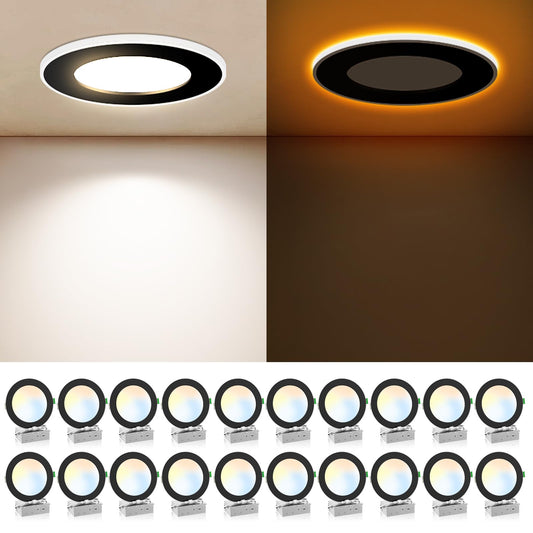 ALUSSO LIGHTING 20 Pack 6 Inch 5CCT Ultra-Thin LED Recessed Ceiling Light with Night Light, 2700K-5000K Selectable, 12W 1100LM Dimmable Canless Wafer Downlight, Damp Rated -ETL&FCC (Black)