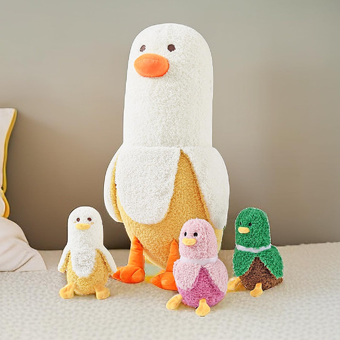 PEACH CAT Banana Duck Plush 1 Mommy 19.7" Banana Duck Stuffed Animal with 3 Cute Babies Inside, 4 Pieces Plushies Toy Set Gifts for Girls and Boys