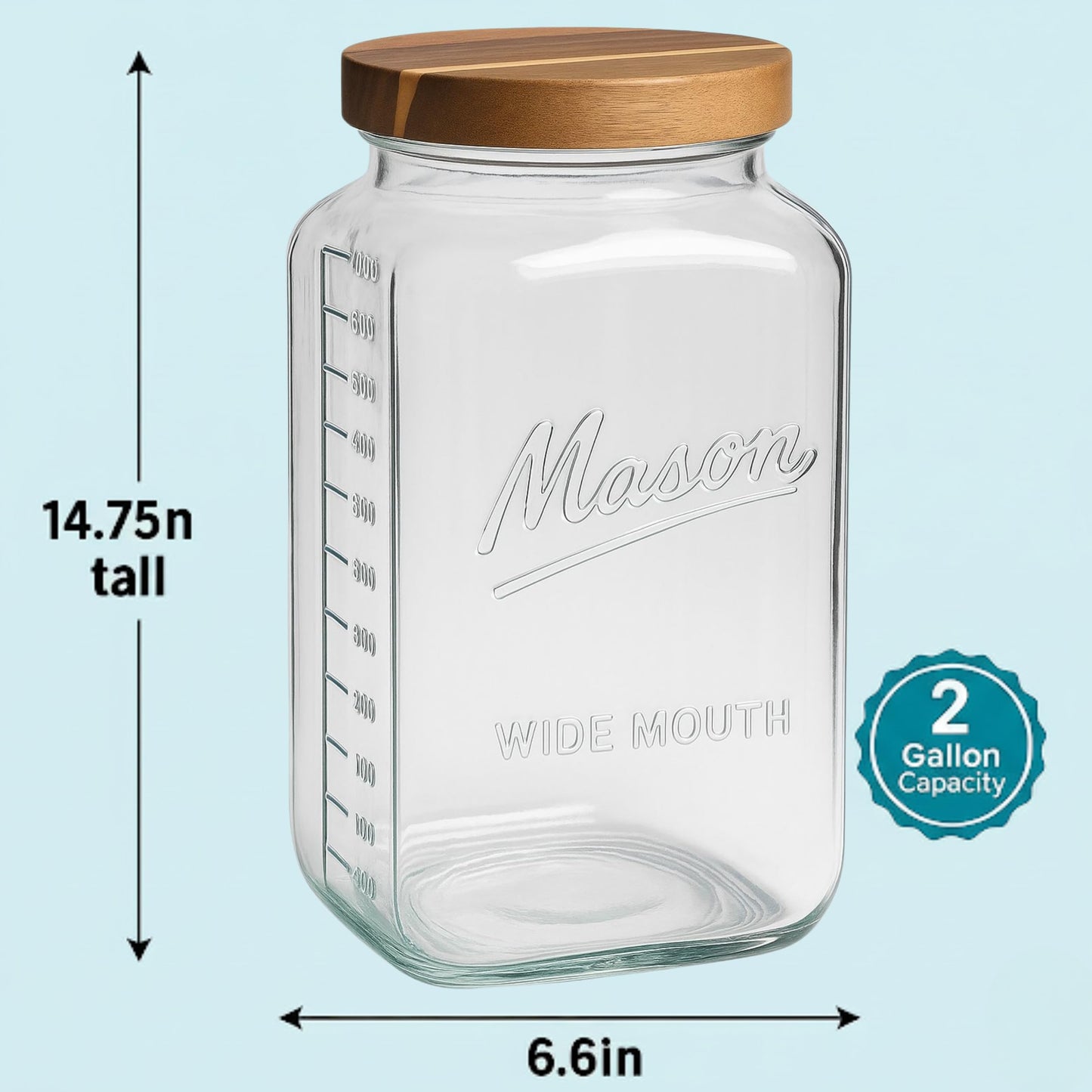 kitchentoolz 2 Gallon Glass Mason Jar with Airtight Wooden Lid – Wide Mouth Square Storage Container with Measurement Marks – Ideal for Pantry Organization, Dry Goods & Food Prep