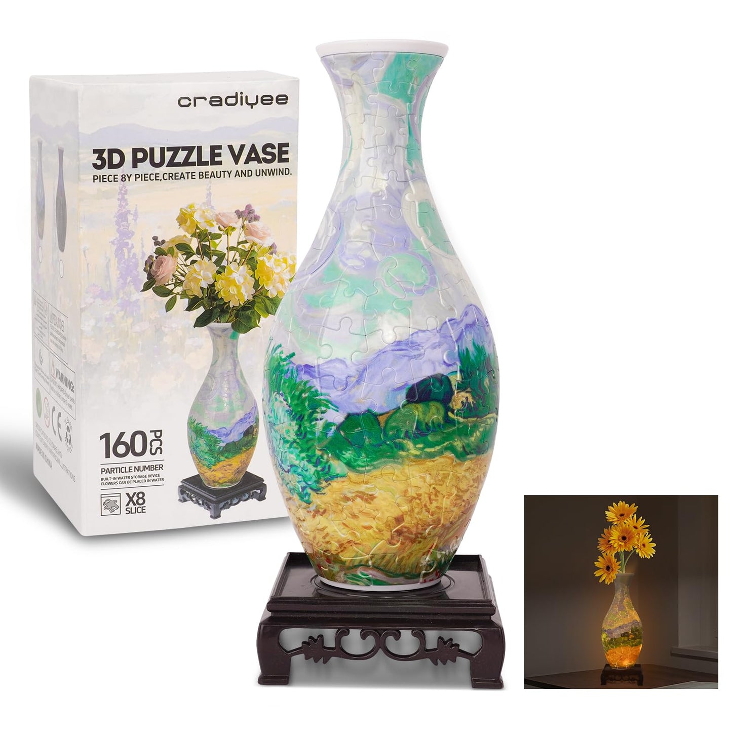 3D Puzzles Vase for Adults,Birthday Gifts for Women,160 PCS DIY Unique Flower Vase Puzzle with LED Light,House Warming Gift Flower Arrangements and Home Decoration (Wheat Field)
