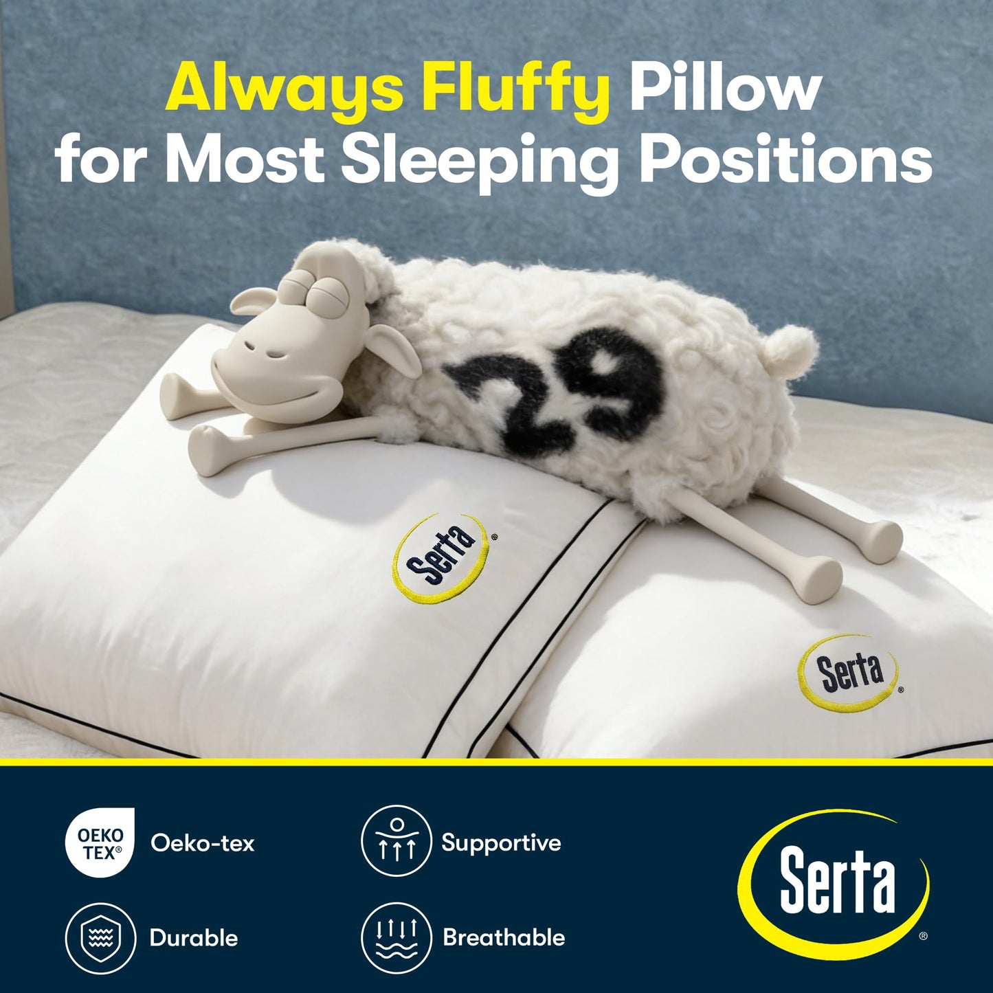 Serta Hotel Collection Bed Pillows Queen/Standard Size Set of 2, 400 Thread Count 100% Cotton Cover, Medium Soft, Support Gusseted Down Alternative Pillow for Back, Stomach or Side Sleepers, 18" x 26"