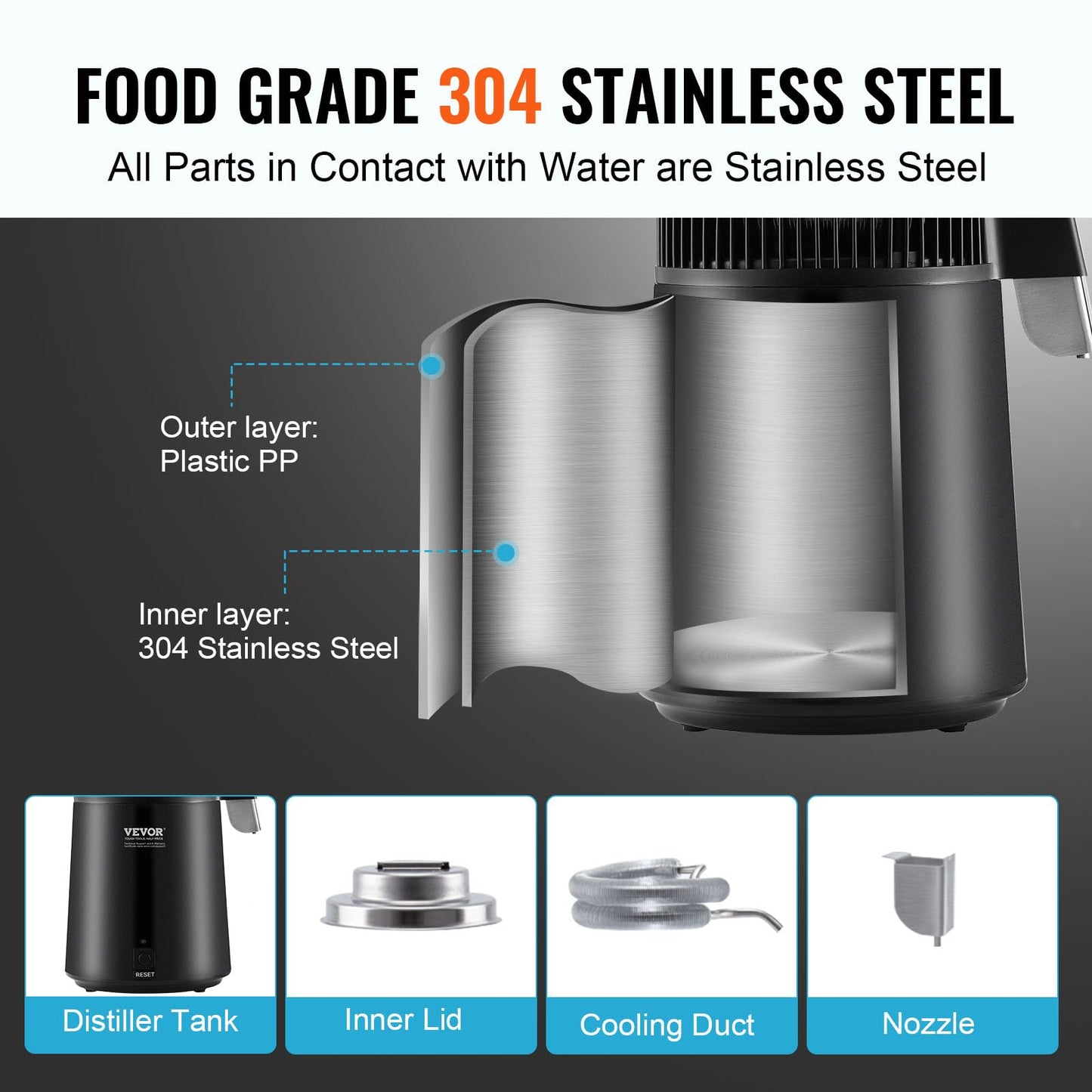 VEVOR Water Distiller, 4L/ 1.05 Gallon Pure Water Distilling for Home Countertop, 750W Distilled Water Maker, 304 Stainless Steel Interior Stiller Water Making Machine to Make Clean Water, Black