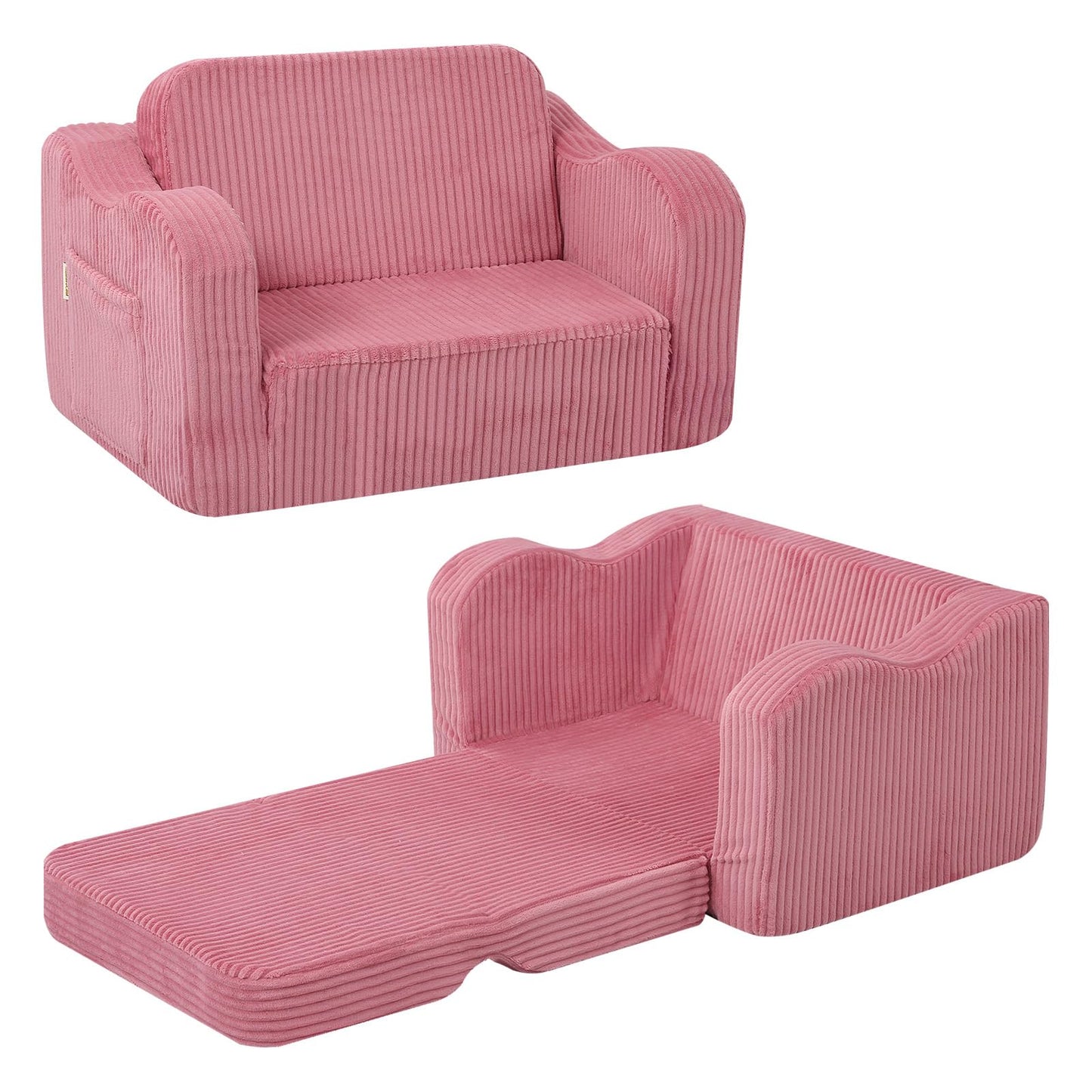 MeMoreCool Corduroy Pink Kids Chair, 2-in-1 Kids Couch Fold Out to Recliner for Girls, Comfy Foam Sofa for Ages 3+ with Washable Cover for Playroom and Bedroom