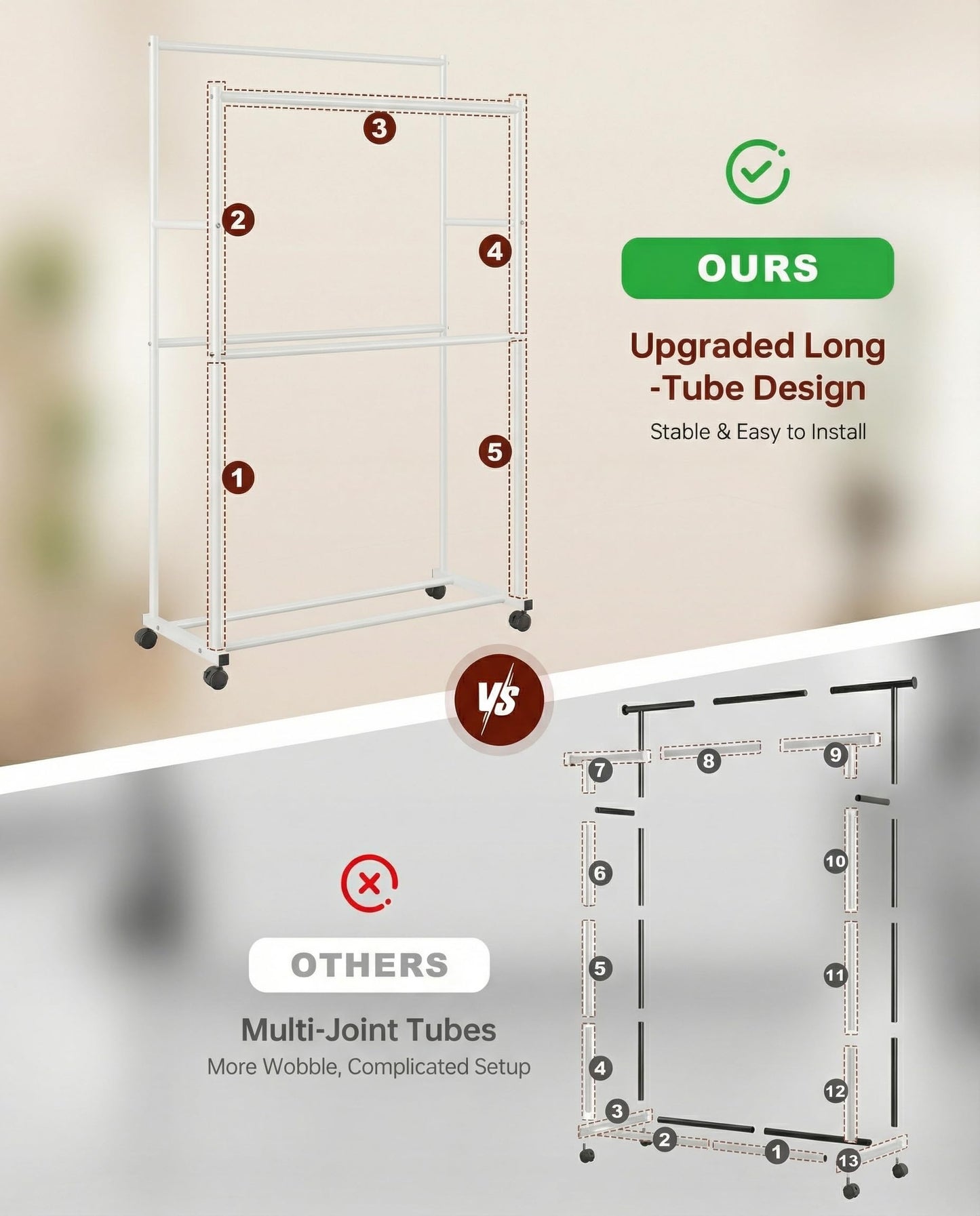Heavy Duty Clothes Rack - 41.3" x 21.7" x 76.8", 4-Bar Double Rod Rolling Metal Clothing Rack for Hanging Clothes, Portable Garment Rack with Wheels for Bedroom Laundry, Closet Wardrobe, White