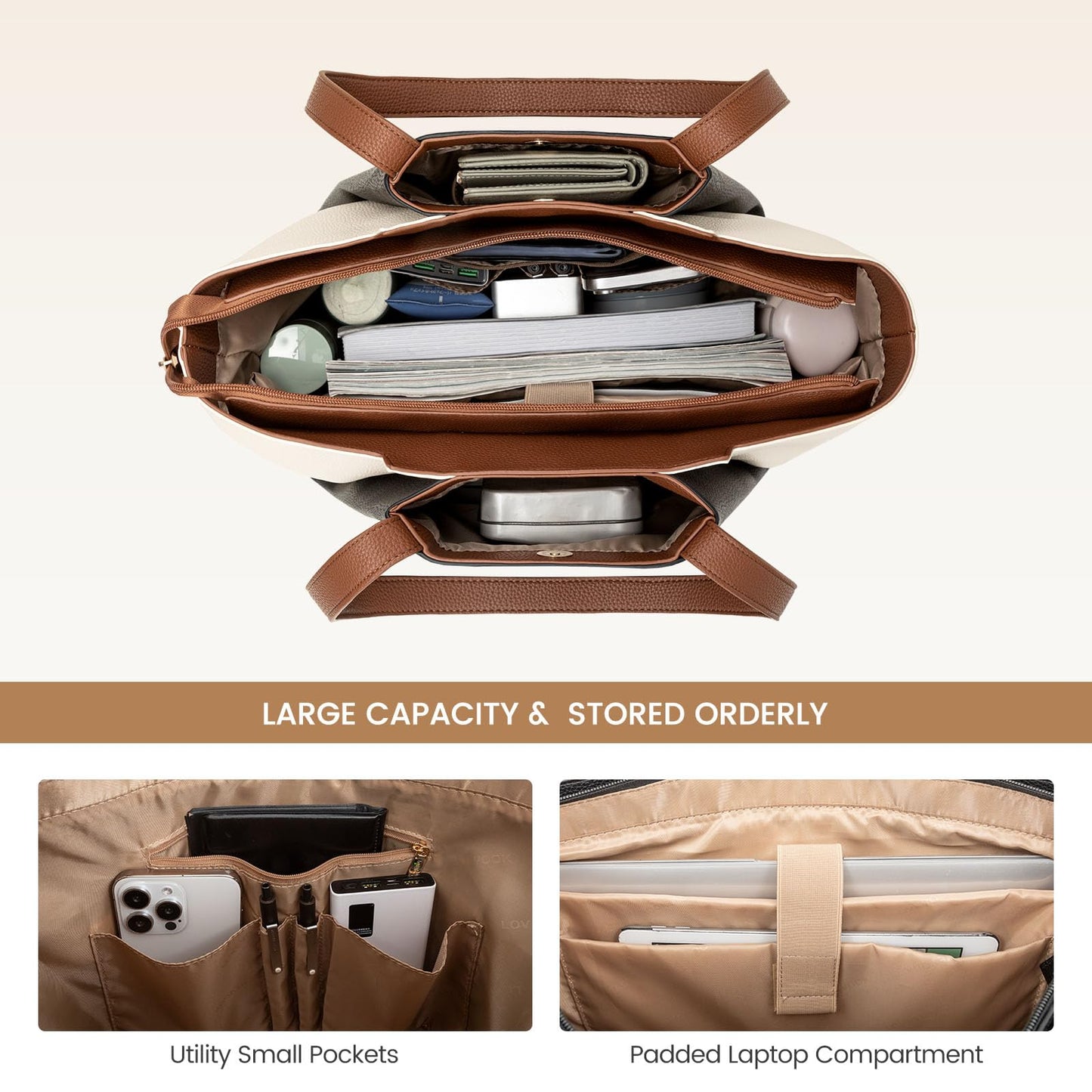 LOVEVOOK Laptop Tote Bag for Women 15.6 Inch Work Bag Leather Laptop Bag with Clutch, Large Capacity Office Purse Computer Briefcase Shoulder Bag for Casual Business Travel, Beige & Black