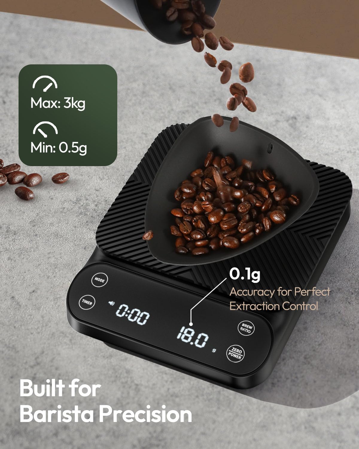 Maestri House S3 Coffee Scale with Timer, 3kg/0.1g Rechargeable Pour Over Coffee Scale, 3 Brew Modes, Adjustable Brew Ratios & Flow Rate Display, Scale for Pour Over, Espresso & French Press-Black