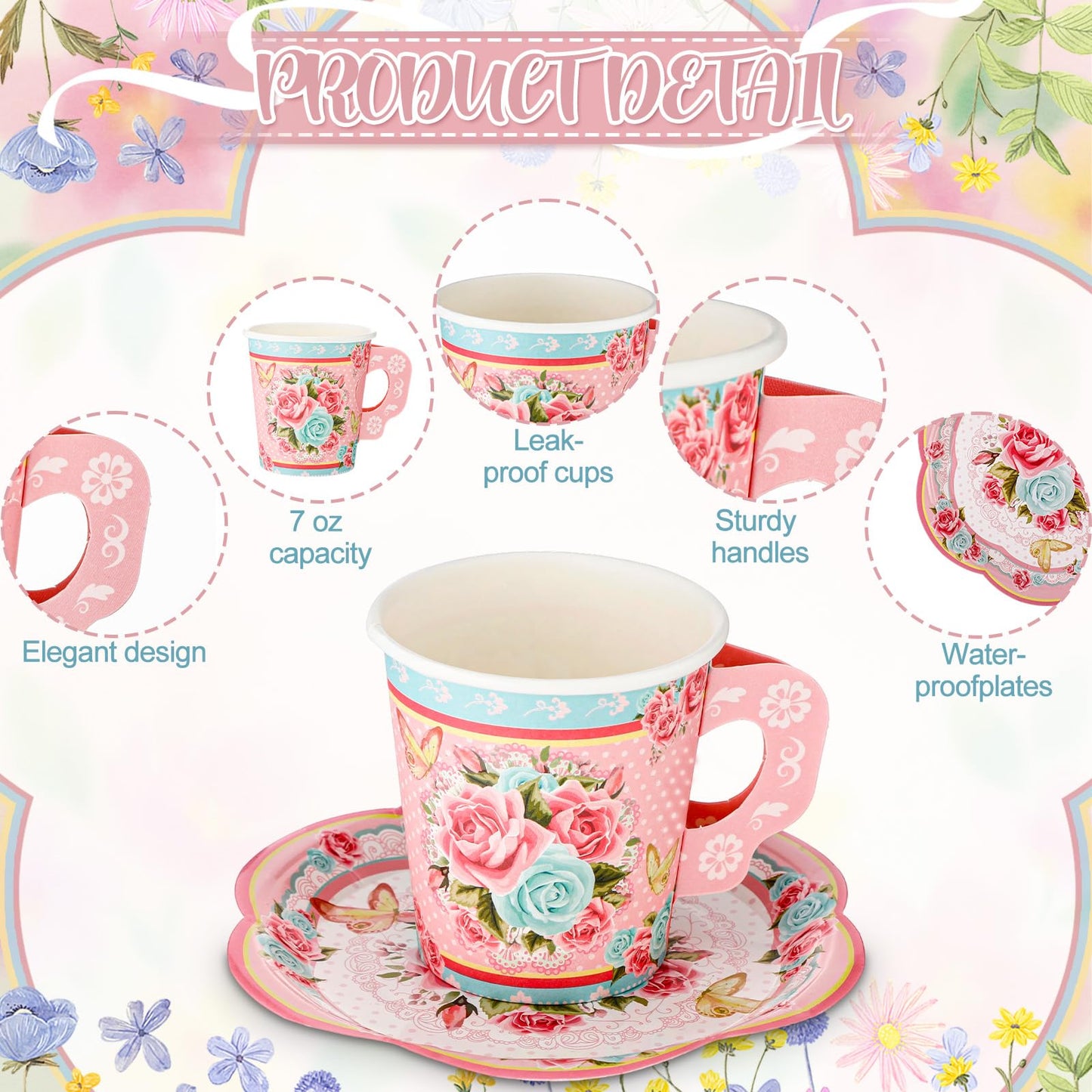 Nuogo 244pcs/40set Disposable Tea Party Supplies Vintage Floral Paper Tea Plates Cups Napkin 3 Tier Cake Stand Bunting Banner and Disposable Tableware for Birthday Baby Shower Bridal Wedding, Serve 40