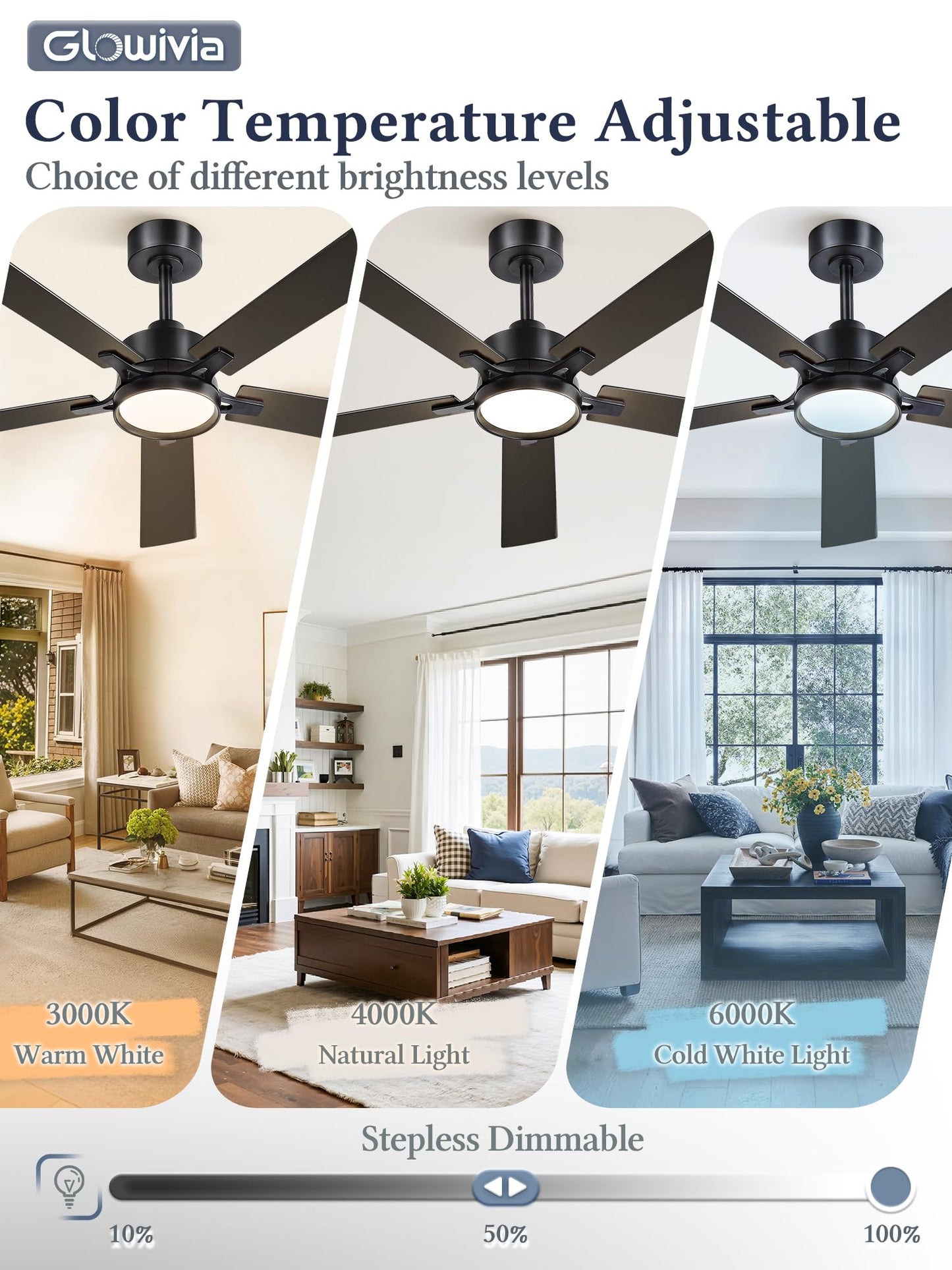 Glowivia 52 Inch Ceiling Fan with Lights and Remote, Smart APP Control, Dimmable with All-Setting Memory, Quiet DC Motor Reversible Blades, Damp Rated Modern Ceiling Fan for Bedroom Patio Living Room