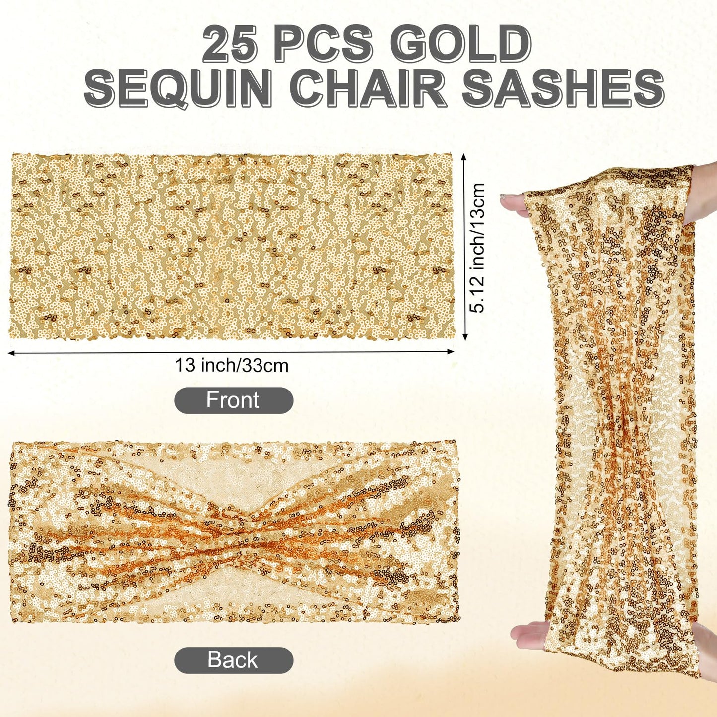 Windyun 50 Pcs Stretch Spandex Folding Chair Cover and Sequin Chair Sashes Set, 25 Double Sided Sequin Bows and 25 Universal Washable Protector for Wedding Banquet(Black, Gold)