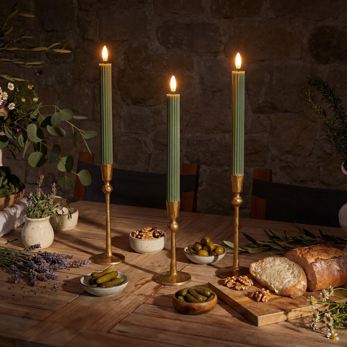 West Ivory 6 Pack, 10" LED Flameless Real Wax Sage Olive Loden Green Fluted Ribbed Grooved Taper Candles, Remote & 24h Timer Memory, On/Off Button, Dimmable, Flicker Mode, Battery Operated, Wedding